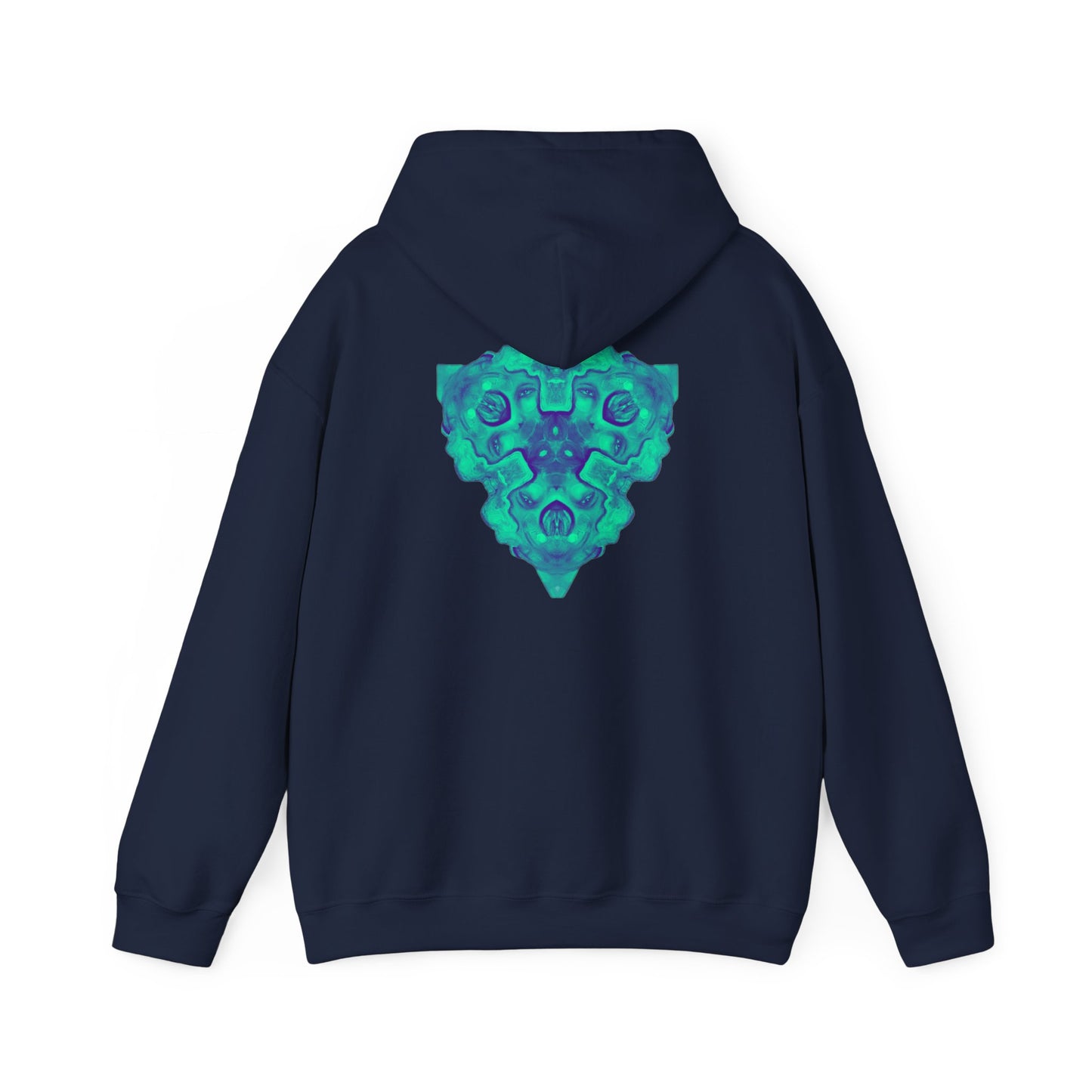AMRU Minimal Logo Hoodie — Geometric Teal Mandala Back Graphic