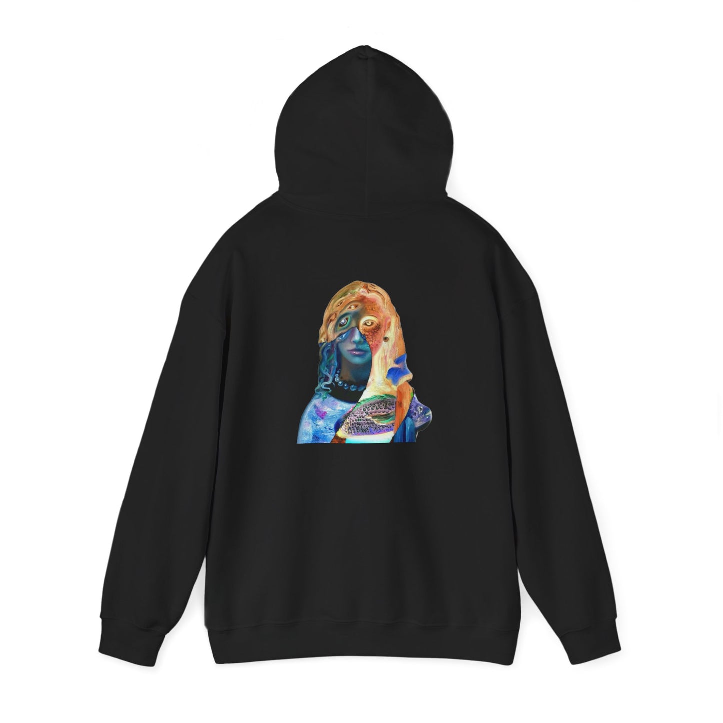 Surreal Portrait Hoodie — 'AMRU' Minimal Front, Colorful Cosmic Back Art