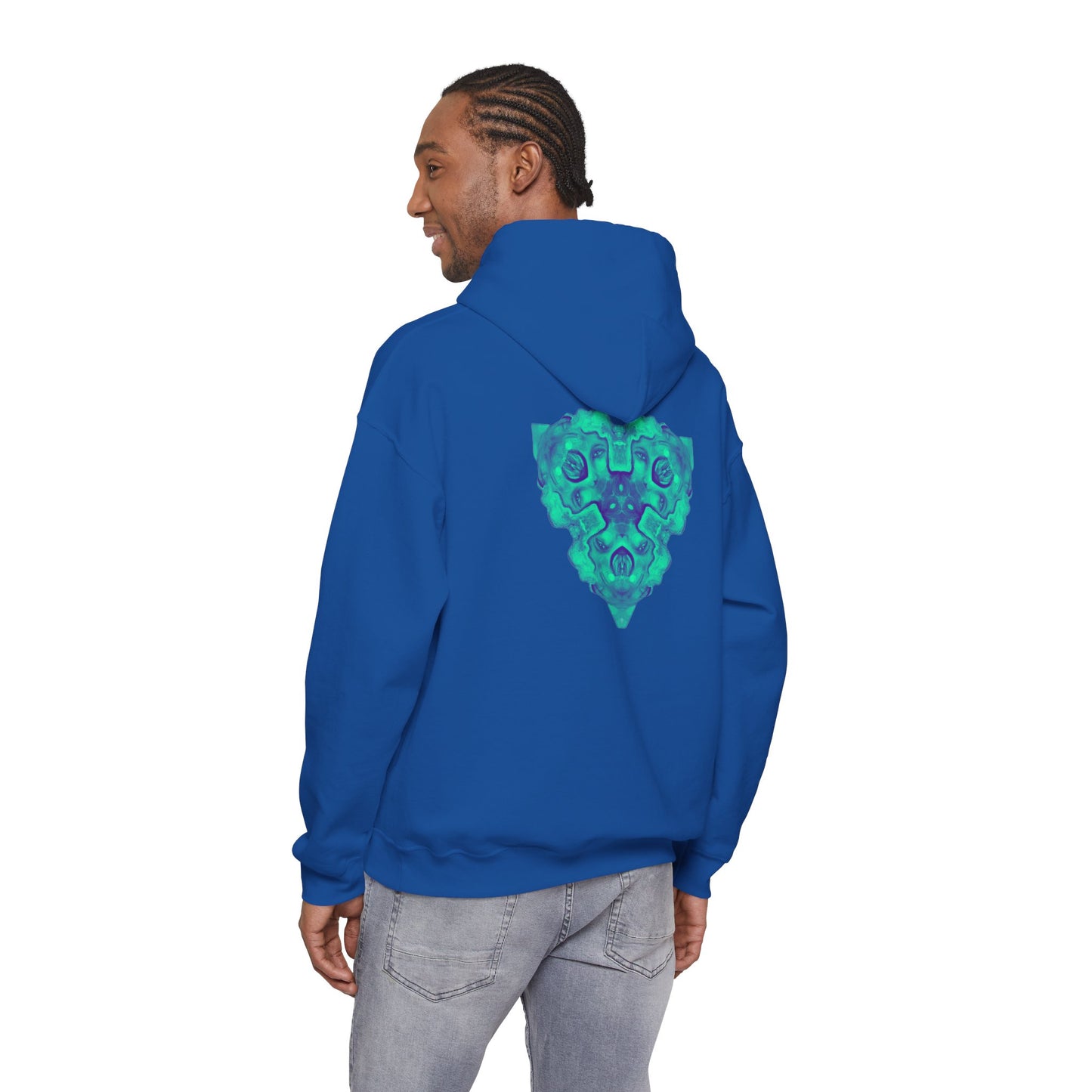 AMRU Minimal Logo Hoodie — Geometric Teal Mandala Back Graphic