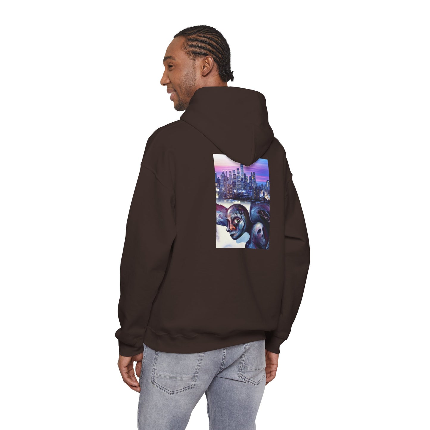 AMRU Minimal Front Logo Hoodie with Surreal Cityscape Back Graphic