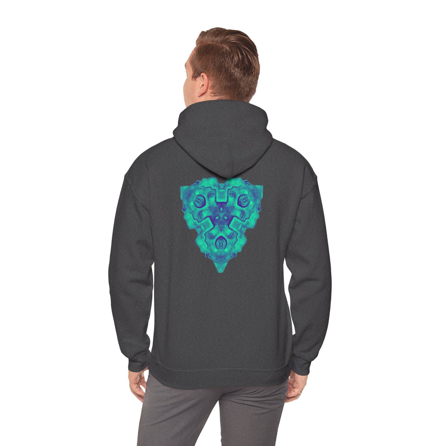AMRU Minimal Logo Hoodie — Geometric Teal Mandala Back Graphic