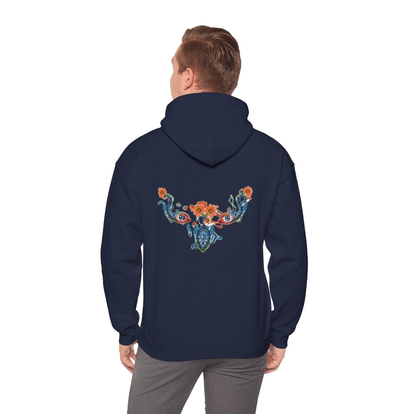 Floral Vine AMRU Hoodie — Minimal Logo Front, Embroidered Floral Back Sweatshirt