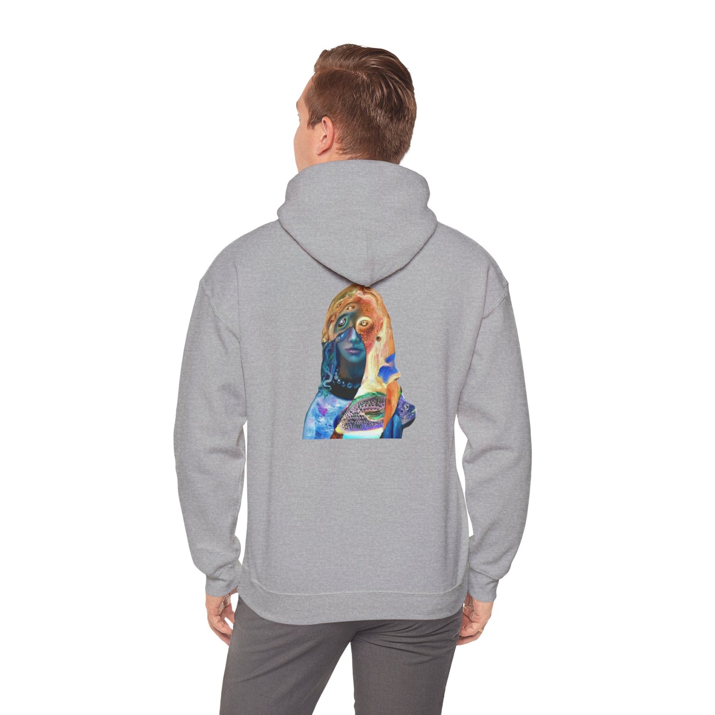 Surreal Portrait Hoodie — 'AMRU' Minimal Front, Colorful Cosmic Back Art