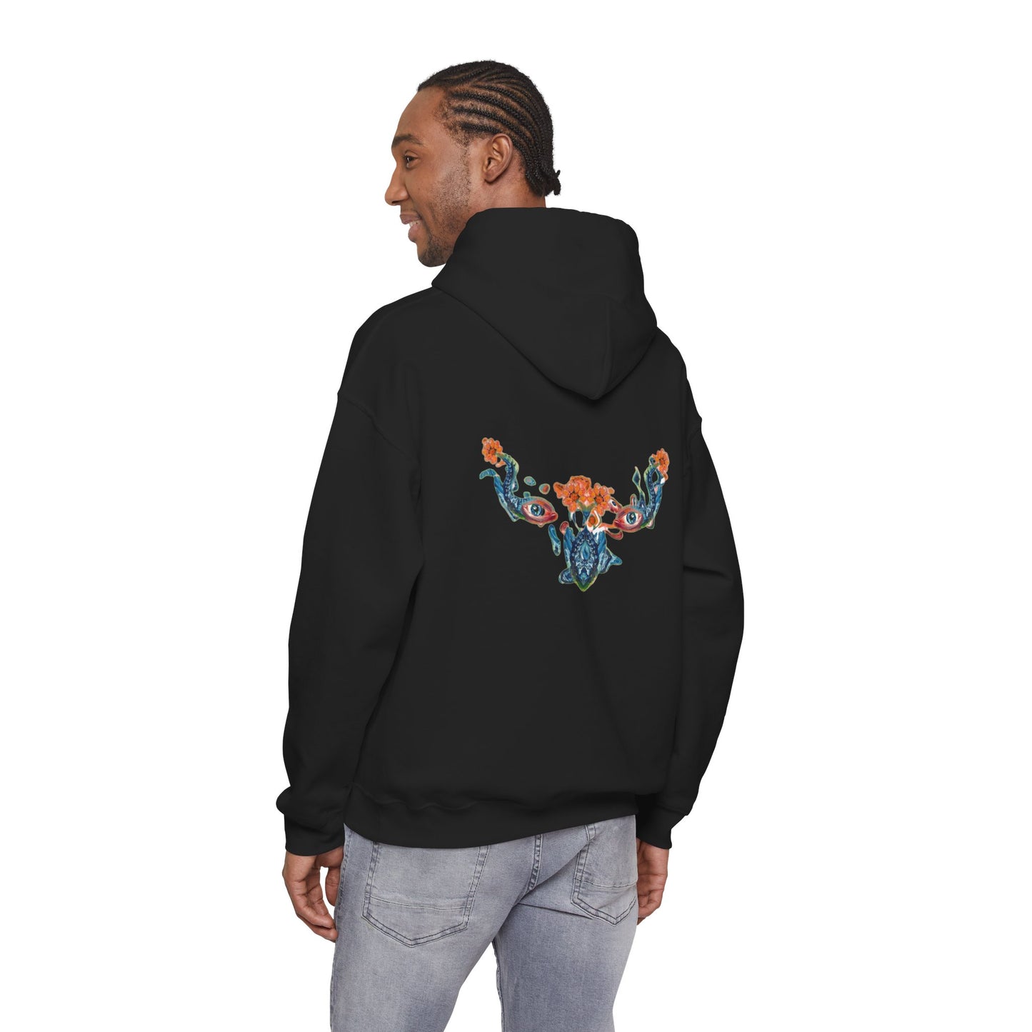 Floral Vine AMRU Hoodie — Minimal Logo Front, Embroidered Floral Back Sweatshirt