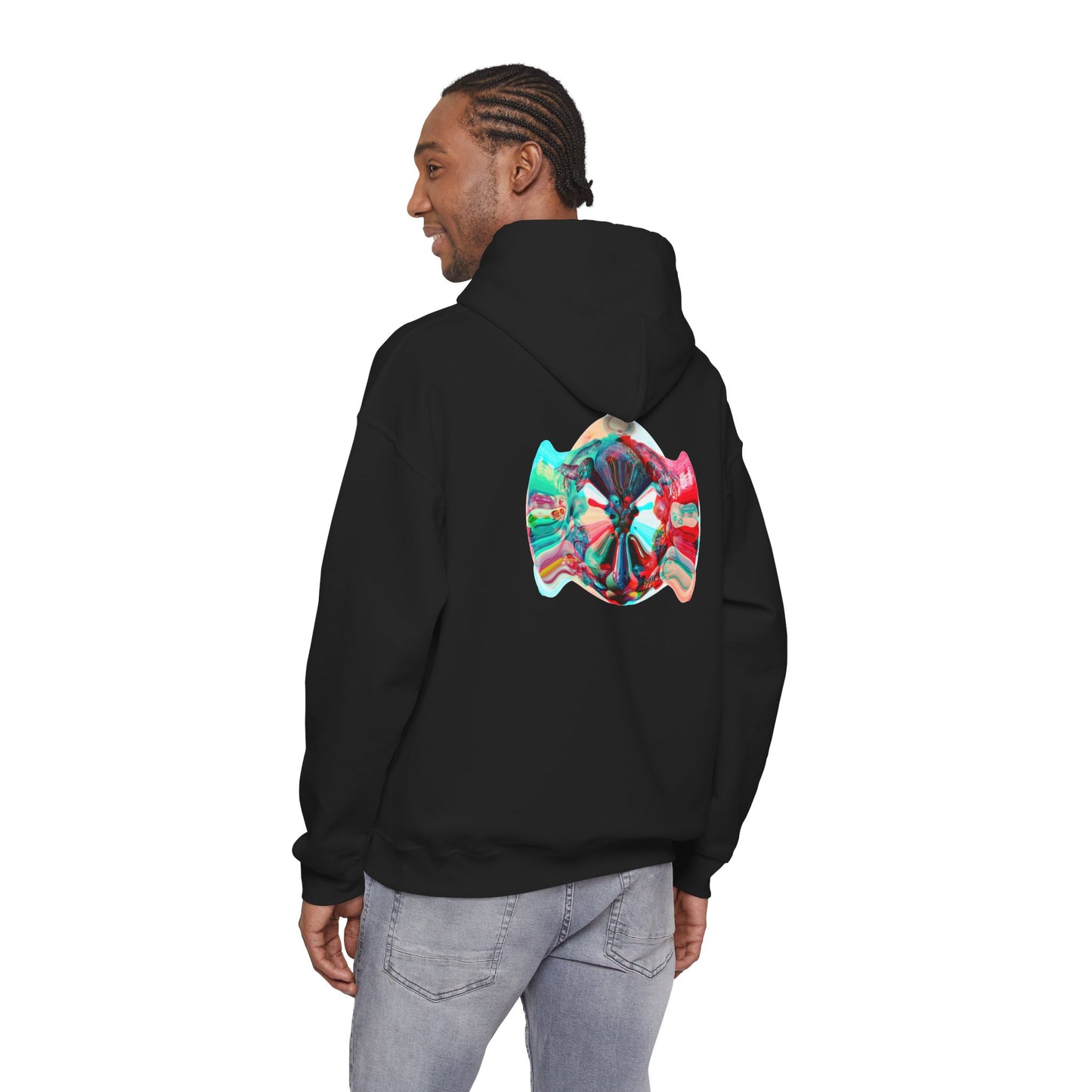 Hoodie — AMRU Minimal Front Logo & Colorful Abstract Back Art