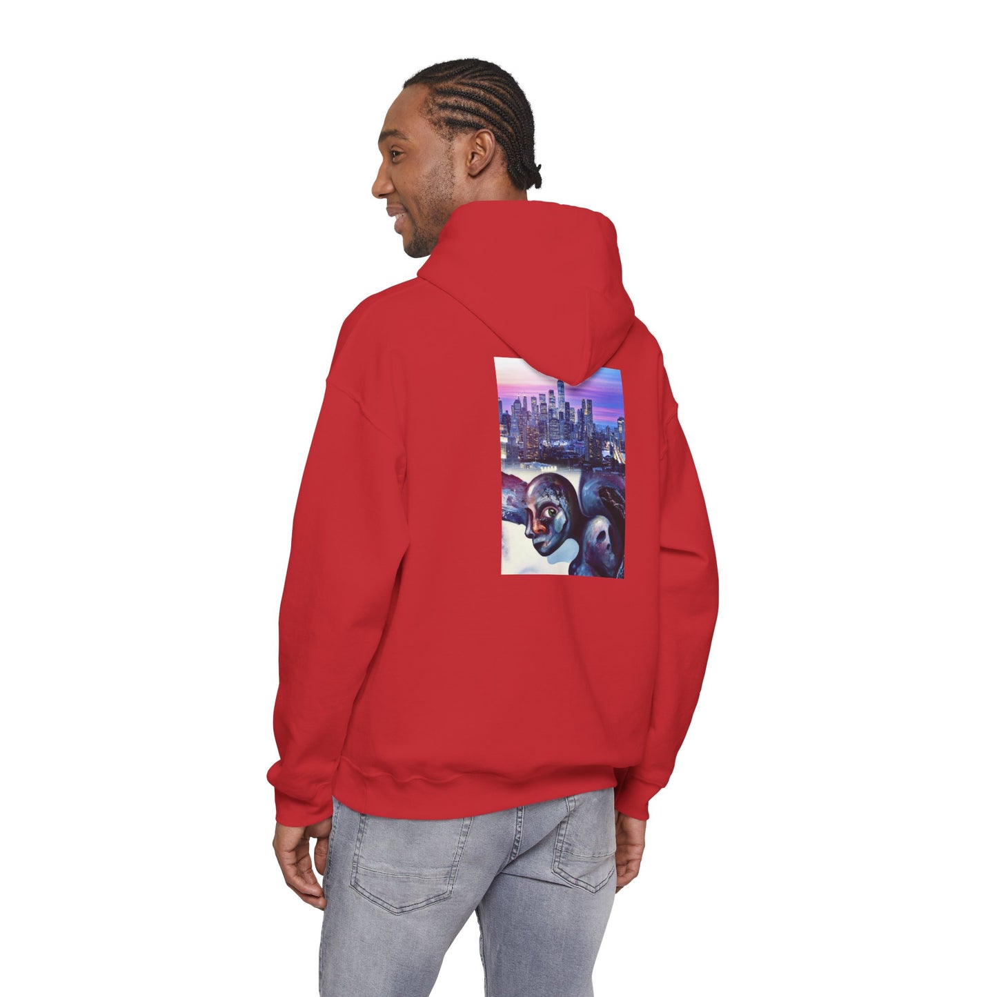 AMRU Minimal Front Logo Hoodie with Surreal Cityscape Back Graphic