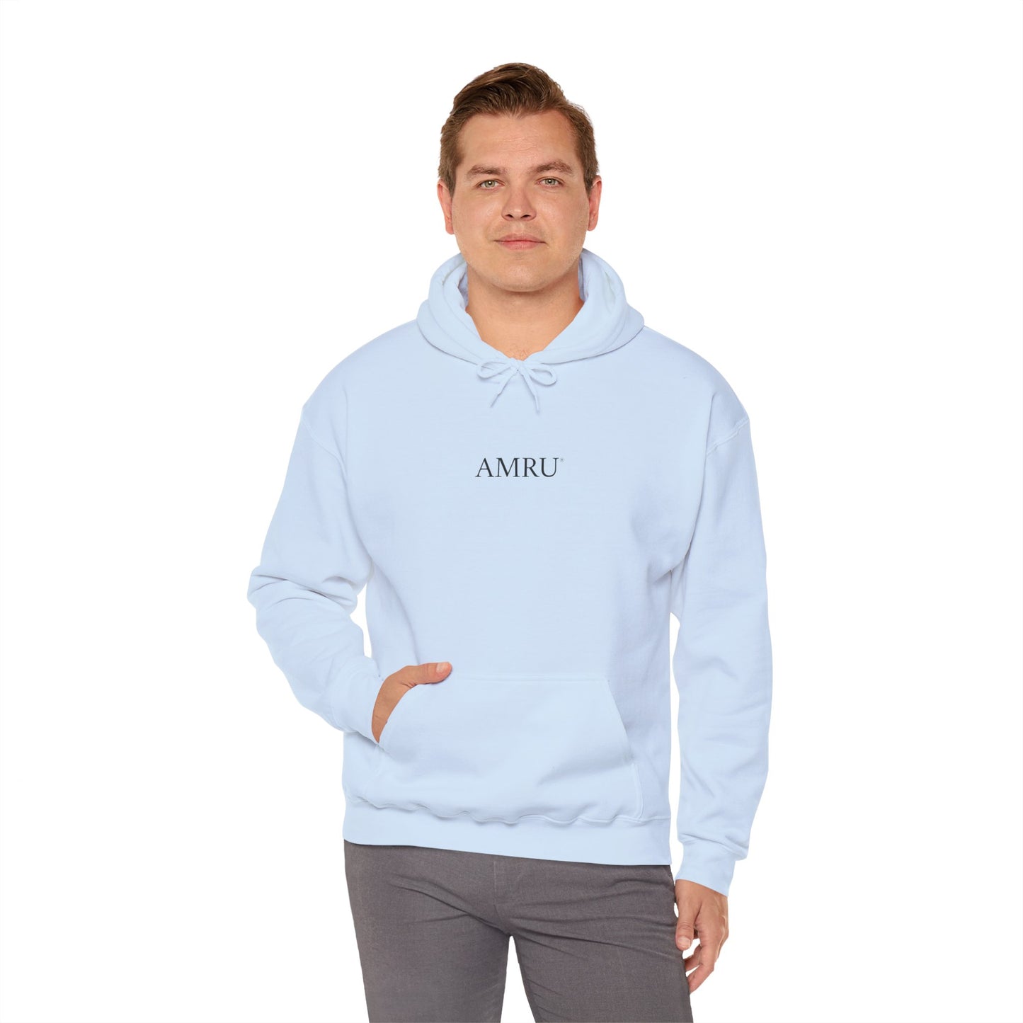 AMRU Minimal Front Logo Hoodie with Surreal Cityscape Back Graphic