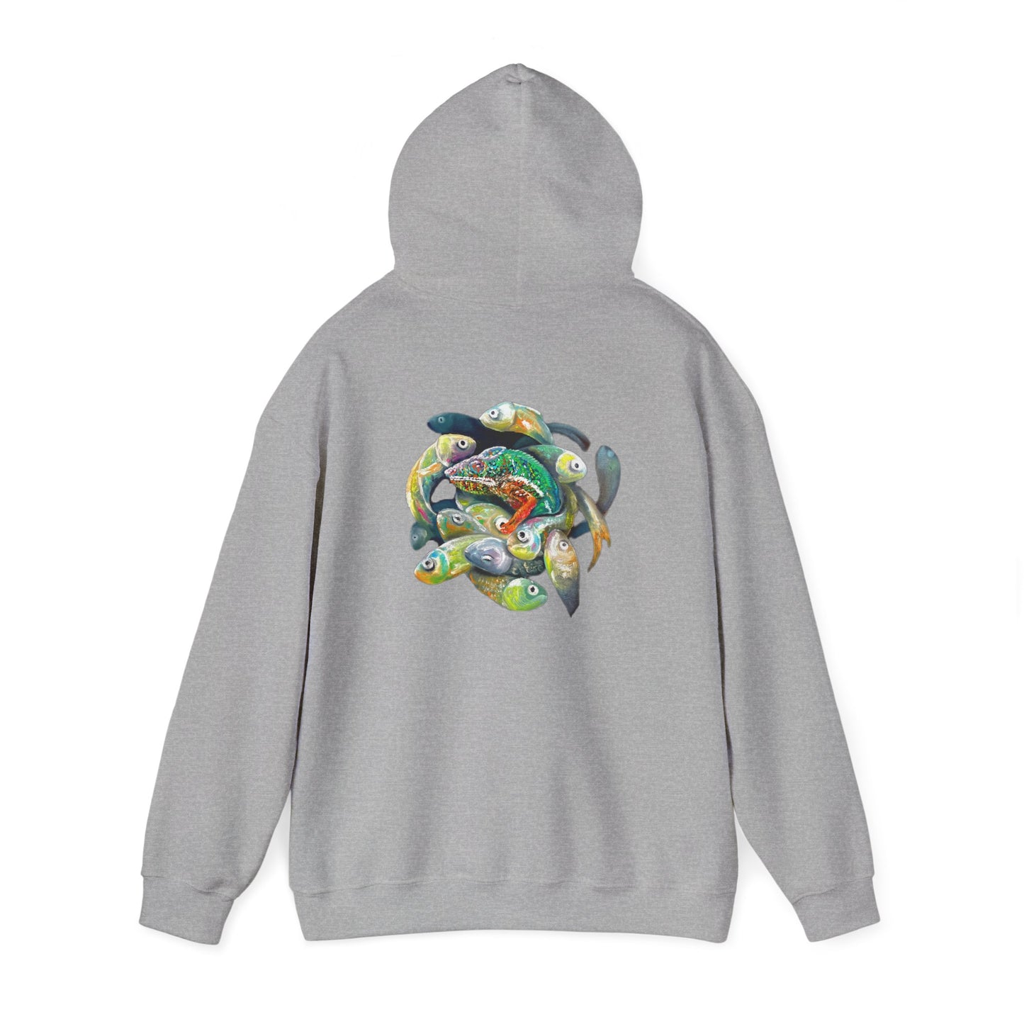 Fish Ring Hoodie – AMRU Minimal Front Logo Pullover with Colorful Koi Back Art