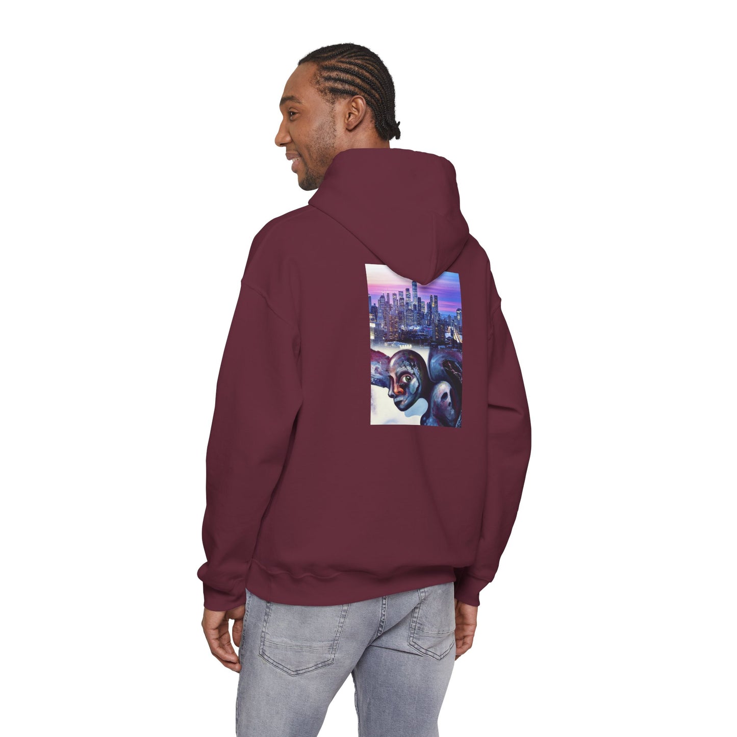 AMRU Minimal Front Logo Hoodie with Surreal Cityscape Back Graphic