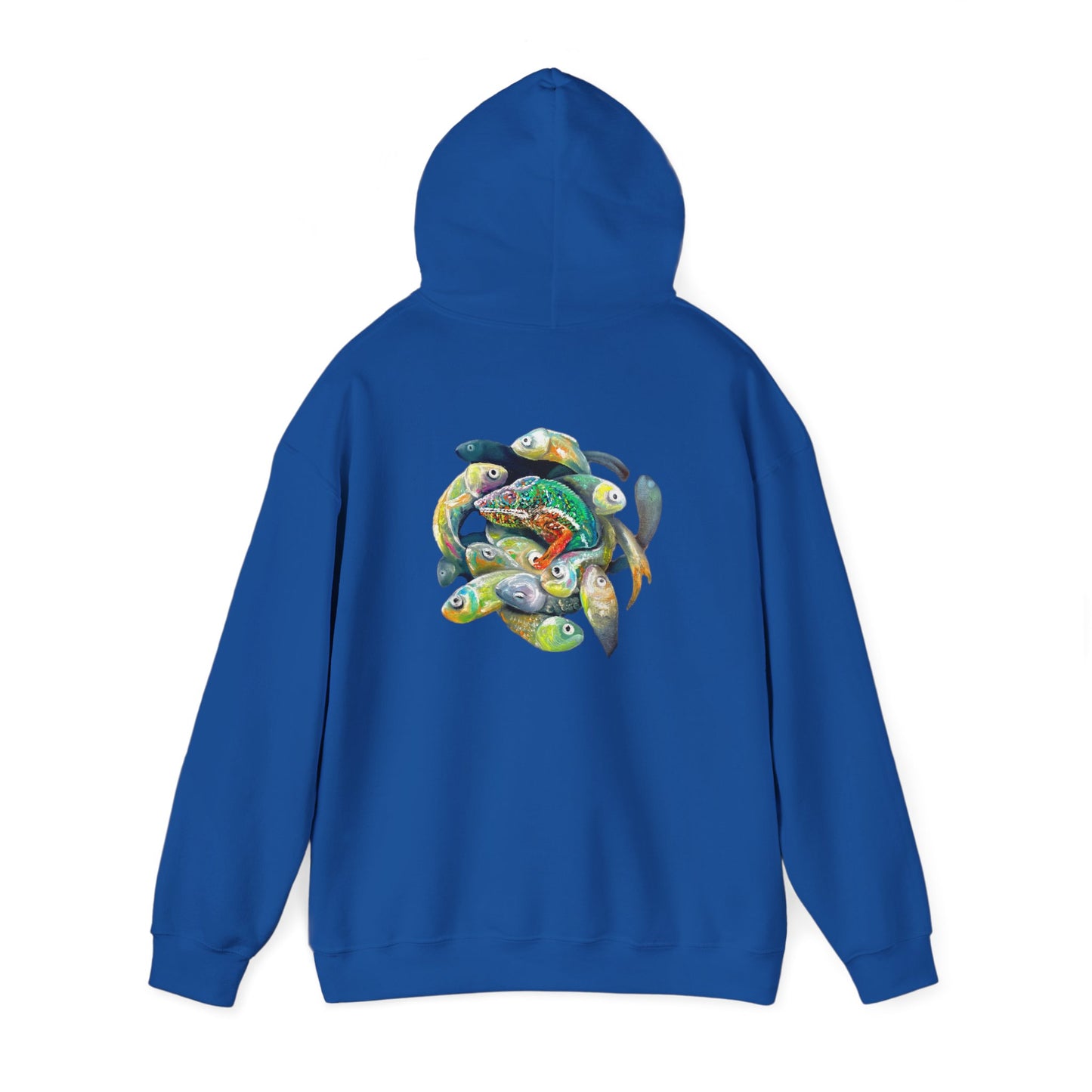 Fish Ring Hoodie – AMRU Minimal Front Logo Pullover with Colorful Koi Back Art