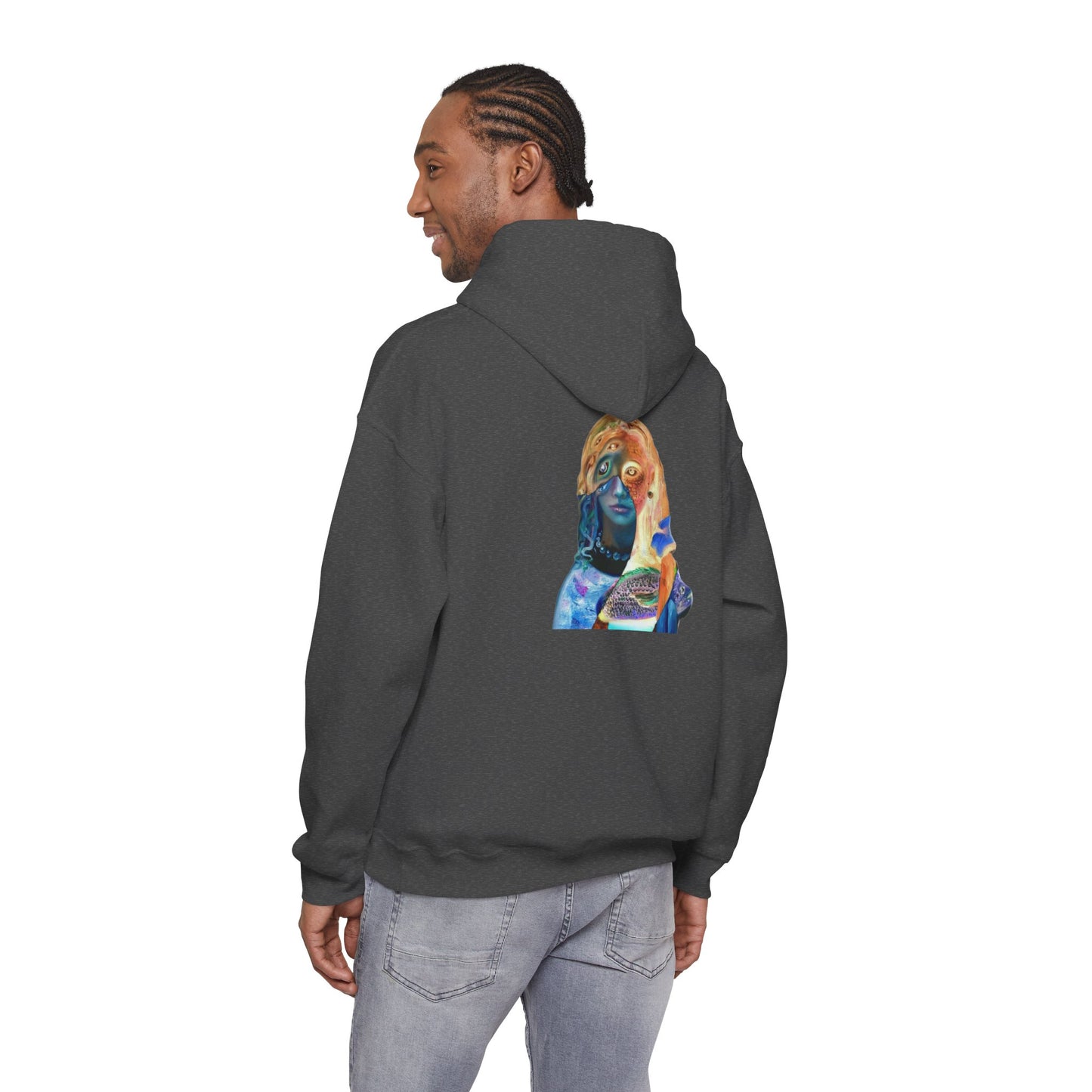 Surreal Portrait Hoodie — 'AMRU' Minimal Front, Colorful Cosmic Back Art