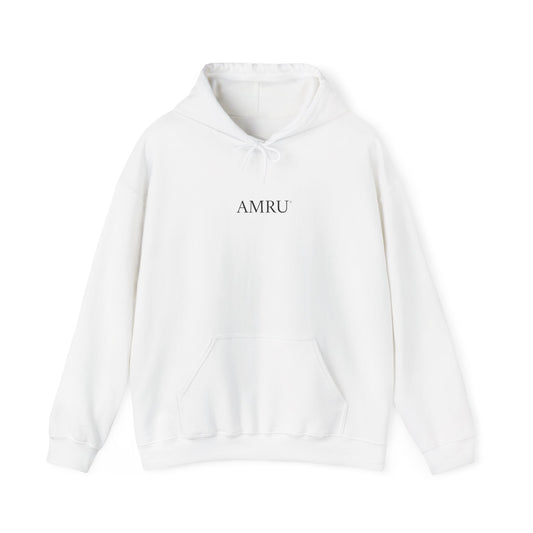 AMRU Minimal Logo Hoodie with Blue Abstract Art Back – Modern Streetwear Pullover
