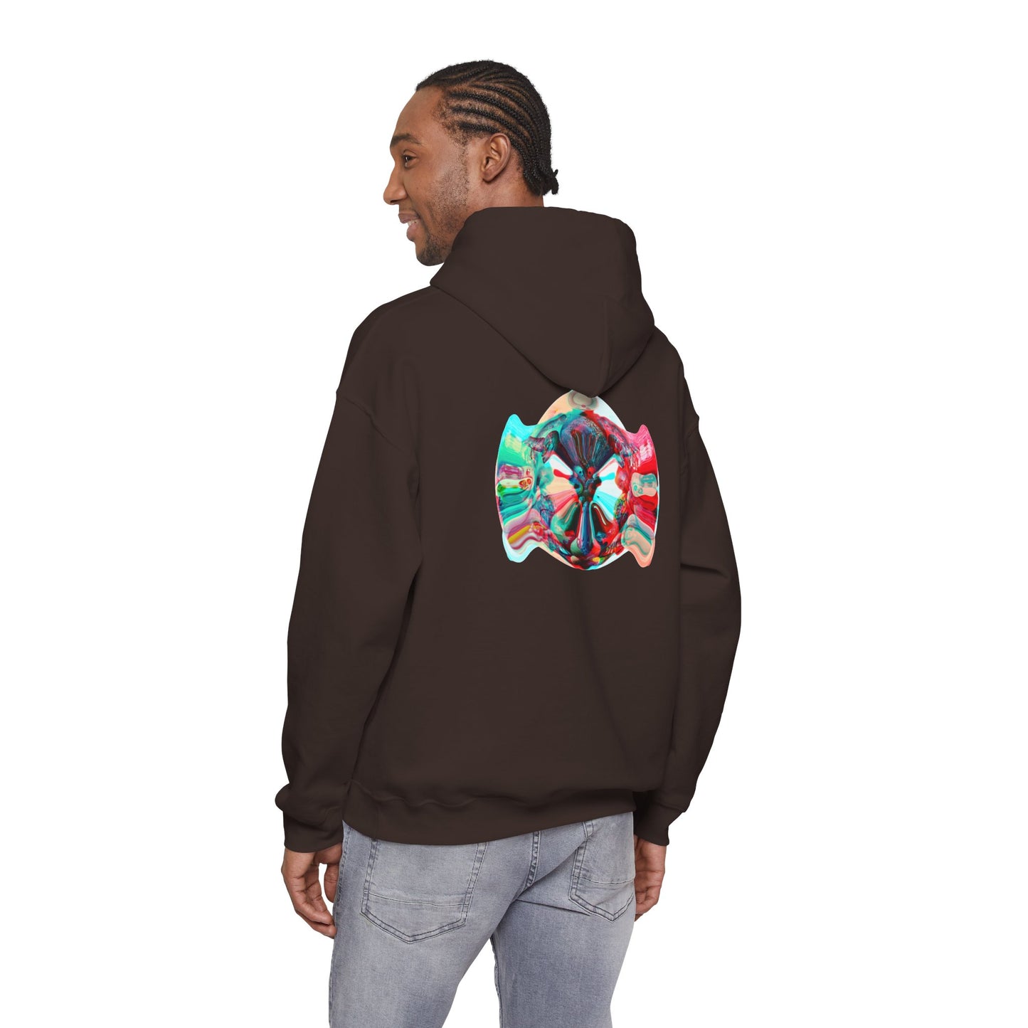 Hoodie — AMRU Minimal Front Logo & Colorful Abstract Back Art
