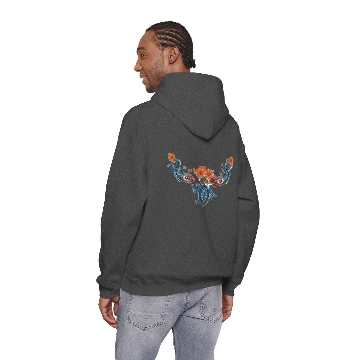 Floral Vine AMRU Hoodie — Minimal Logo Front, Embroidered Floral Back Sweatshirt