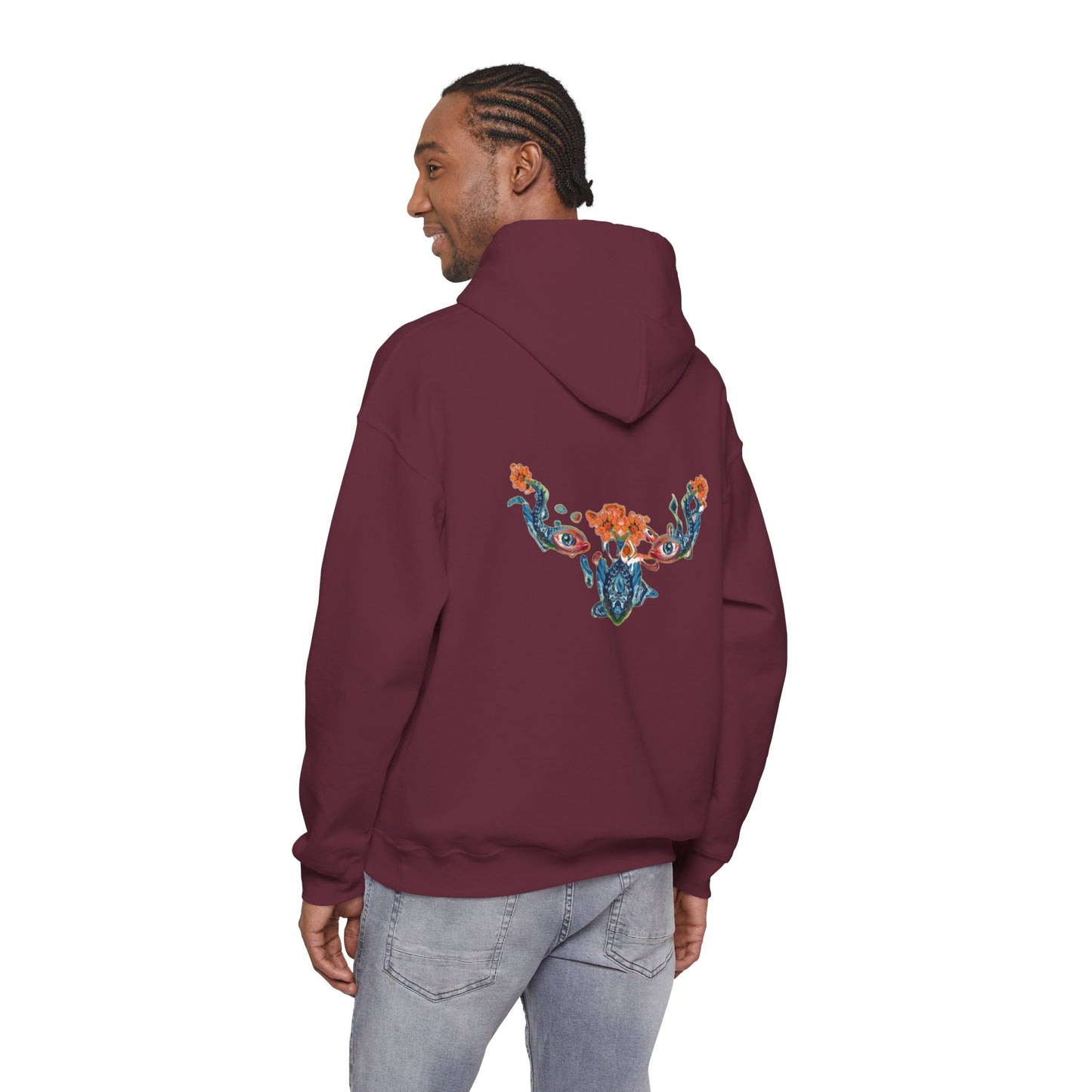 Floral Vine AMRU Hoodie — Minimal Logo Front, Embroidered Floral Back Sweatshirt