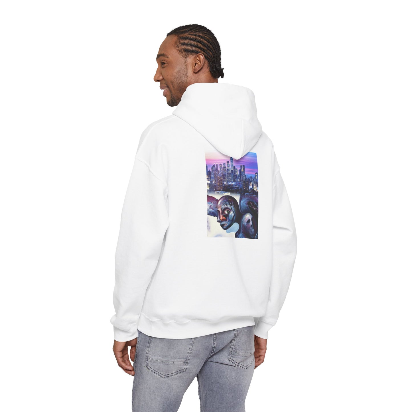 AMRU Minimal Front Logo Hoodie with Surreal Cityscape Back Graphic