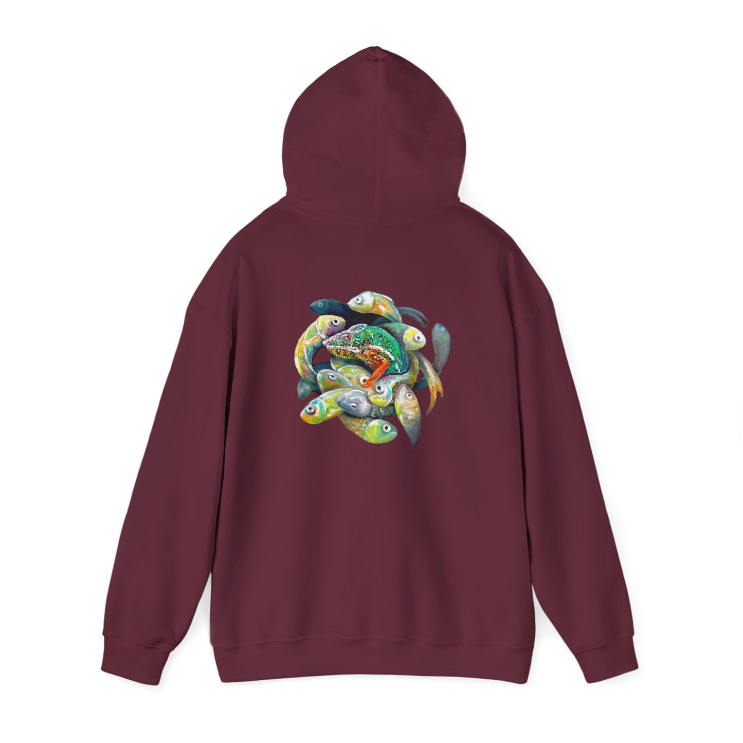 Fish Ring Hoodie – AMRU Minimal Front Logo Pullover with Colorful Koi Back Art