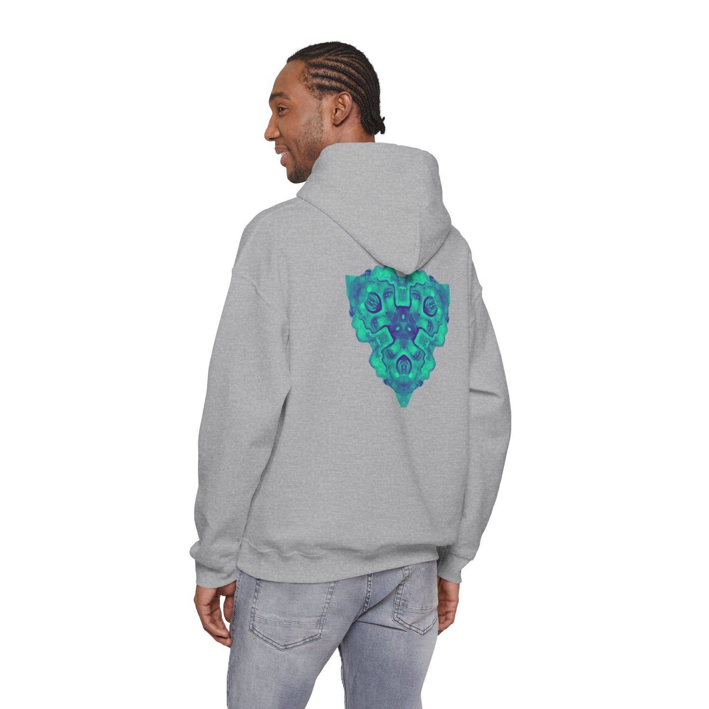 AMRU Minimal Logo Hoodie — Geometric Teal Mandala Back Graphic