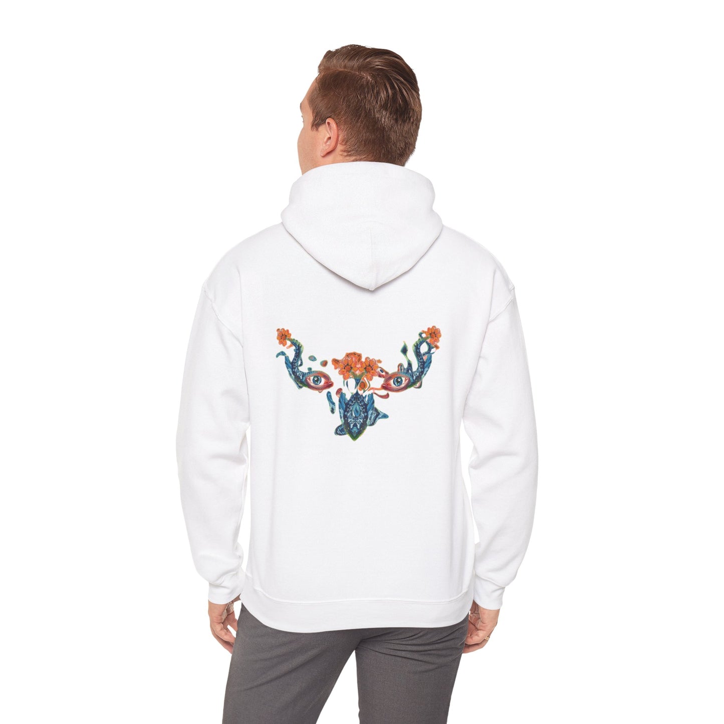 Floral Vine AMRU Hoodie — Minimal Logo Front, Embroidered Floral Back Sweatshirt