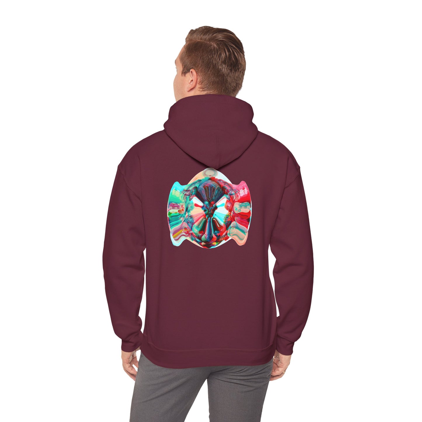 Hoodie — AMRU Minimal Front Logo & Colorful Abstract Back Art
