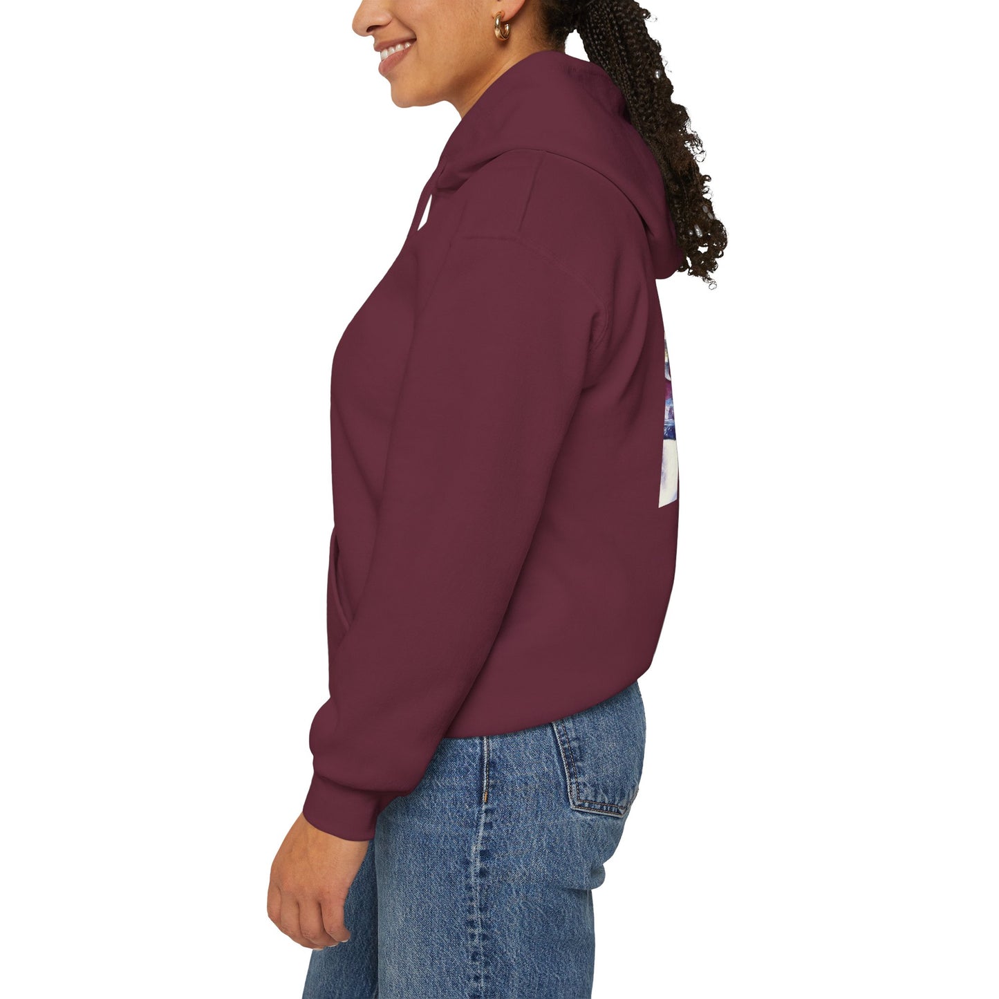 AMRU Minimal Front Logo Hoodie with Surreal Cityscape Back Graphic