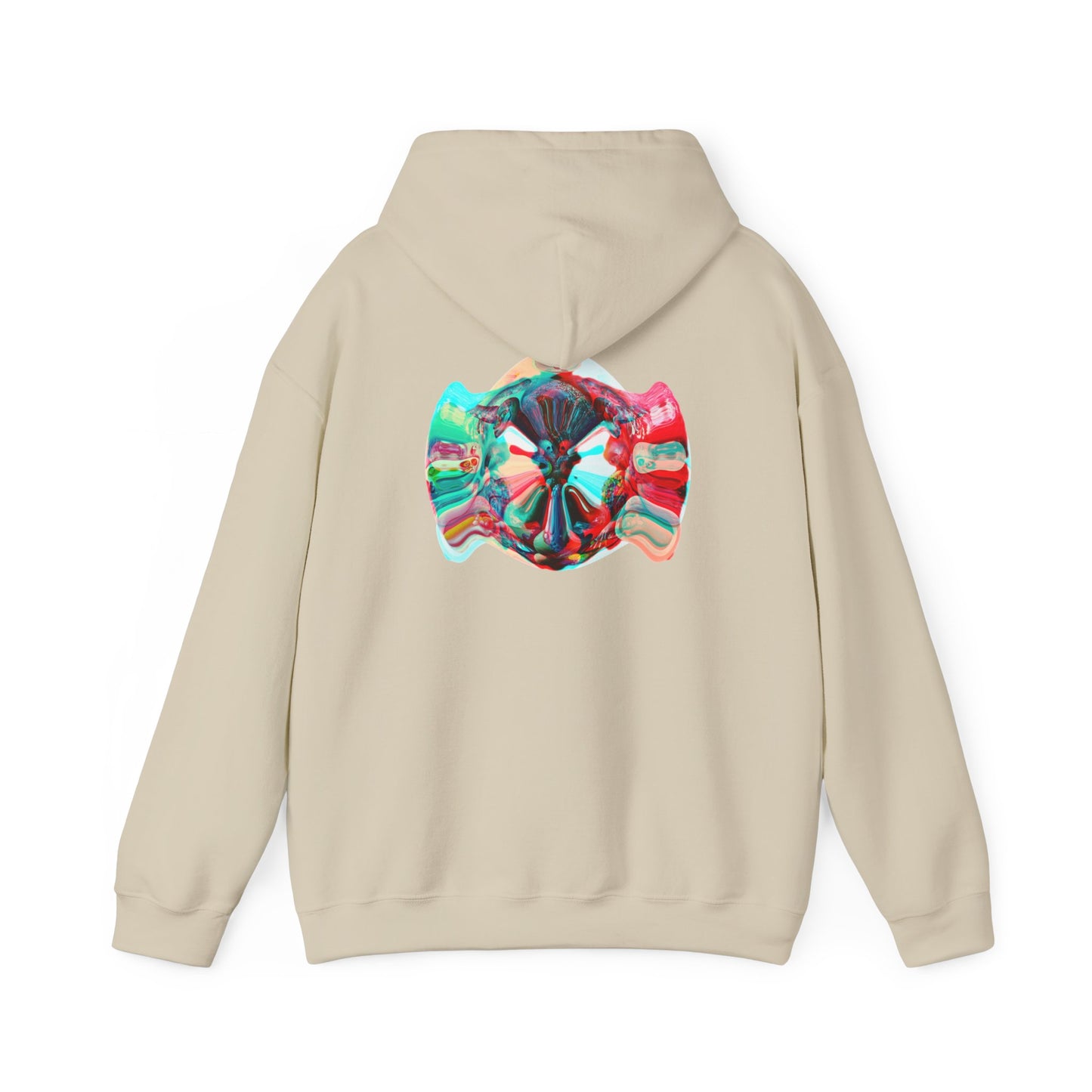Hoodie — AMRU Minimal Front Logo & Colorful Abstract Back Art