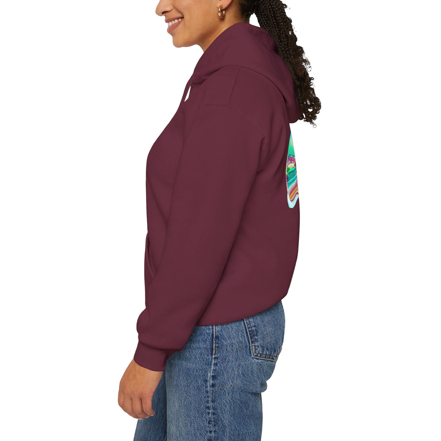 Hoodie — AMRU Minimal Front Logo & Colorful Abstract Back Art