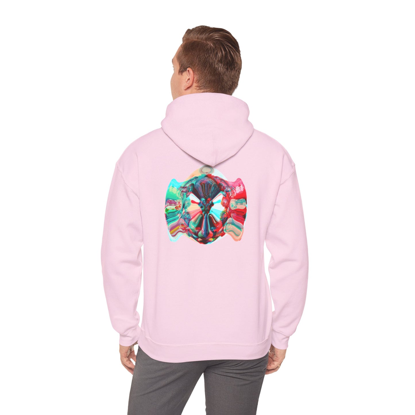 Hoodie — AMRU Minimal Front Logo & Colorful Abstract Back Art