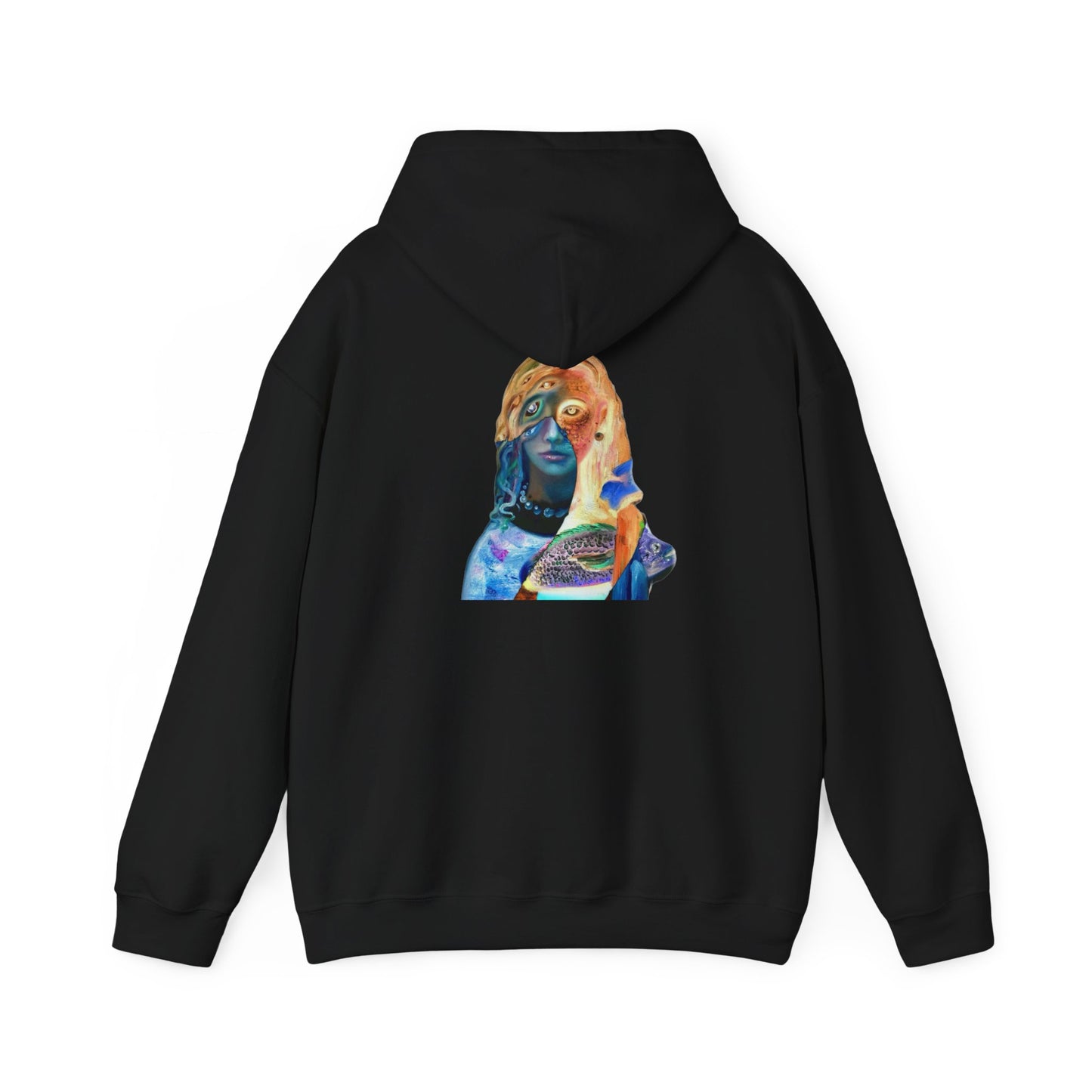 Surreal Portrait Hoodie — 'AMRU' Minimal Front, Colorful Cosmic Back Art