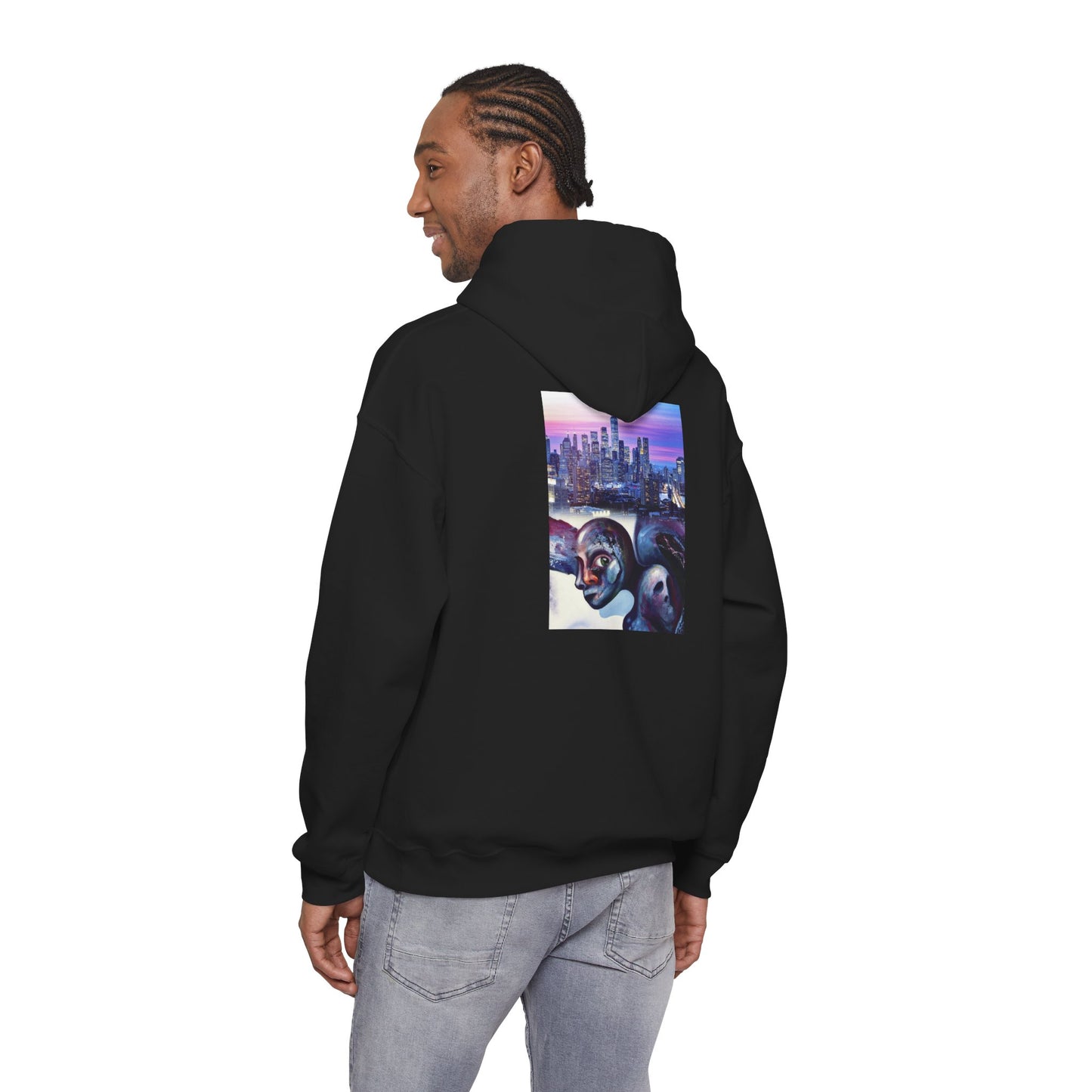 AMRU Minimal Front Logo Hoodie with Surreal Cityscape Back Graphic