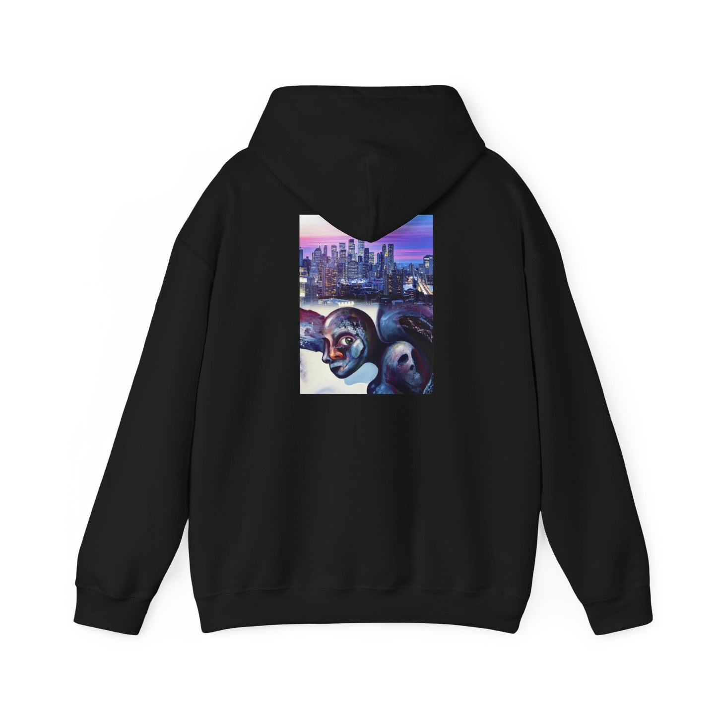 AMRU Minimal Front Logo Hoodie with Surreal Cityscape Back Graphic