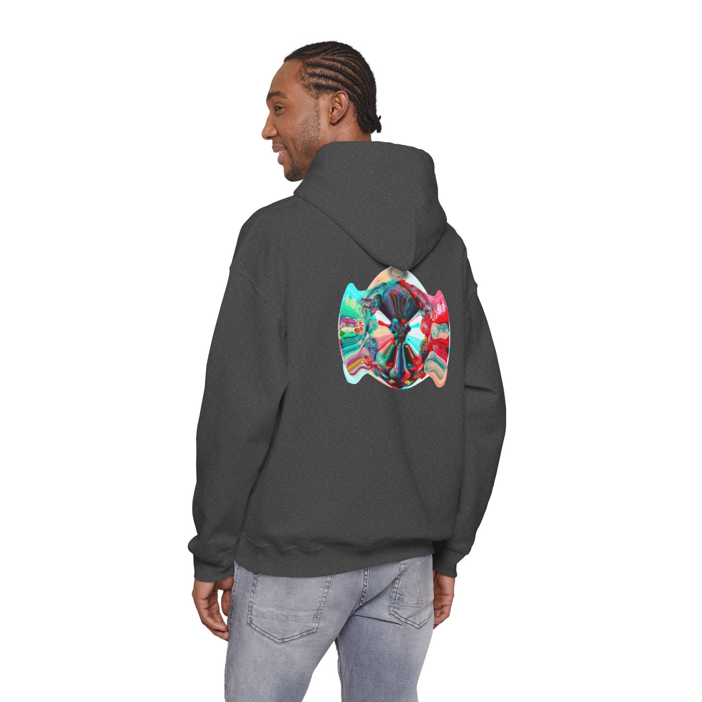 Hoodie — AMRU Minimal Front Logo & Colorful Abstract Back Art