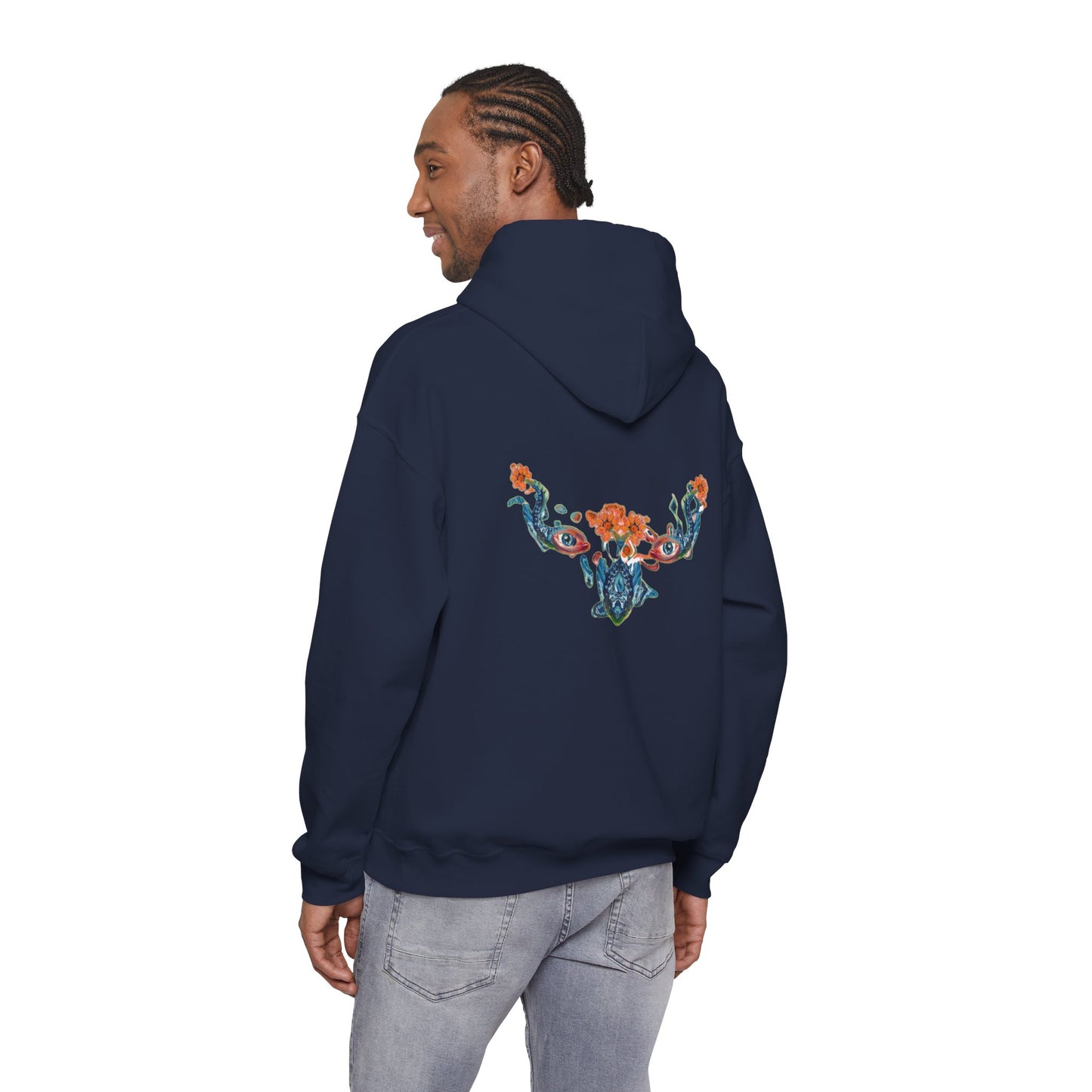 Floral Vine AMRU Hoodie — Minimal Logo Front, Embroidered Floral Back Sweatshirt