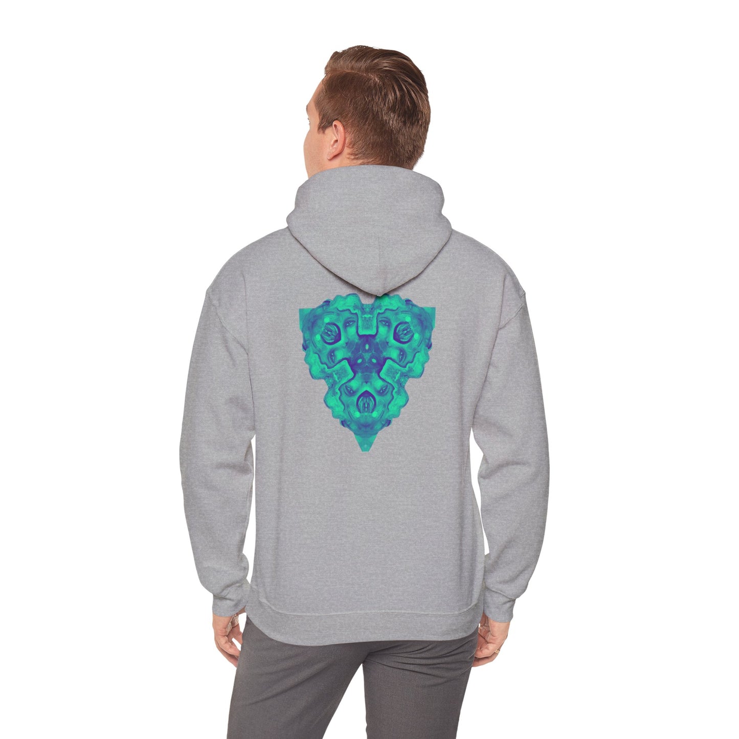 AMRU Minimal Logo Hoodie — Geometric Teal Mandala Back Graphic