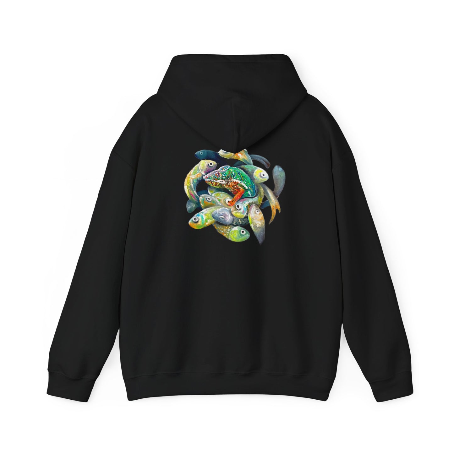 Fish Ring Hoodie – AMRU Minimal Front Logo Pullover with Colorful Koi Back Art