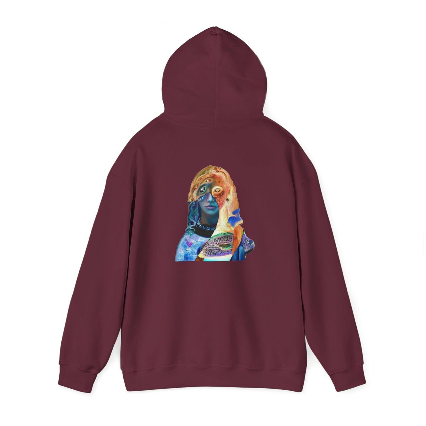 Surreal Portrait Hoodie — 'AMRU' Minimal Front, Colorful Cosmic Back Art