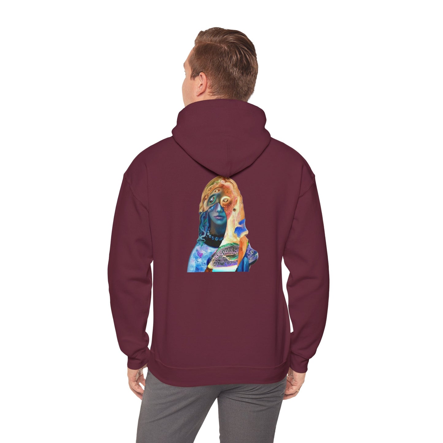 Surreal Portrait Hoodie — 'AMRU' Minimal Front, Colorful Cosmic Back Art