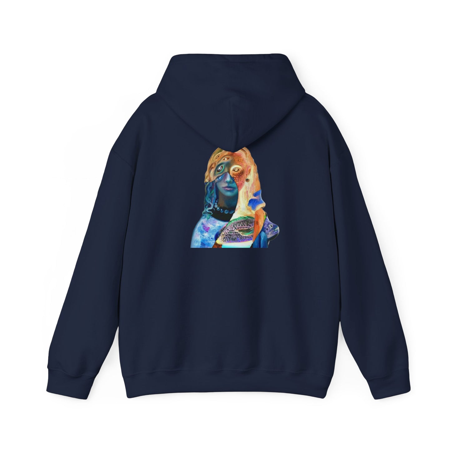 Surreal Portrait Hoodie — 'AMRU' Minimal Front, Colorful Cosmic Back Art