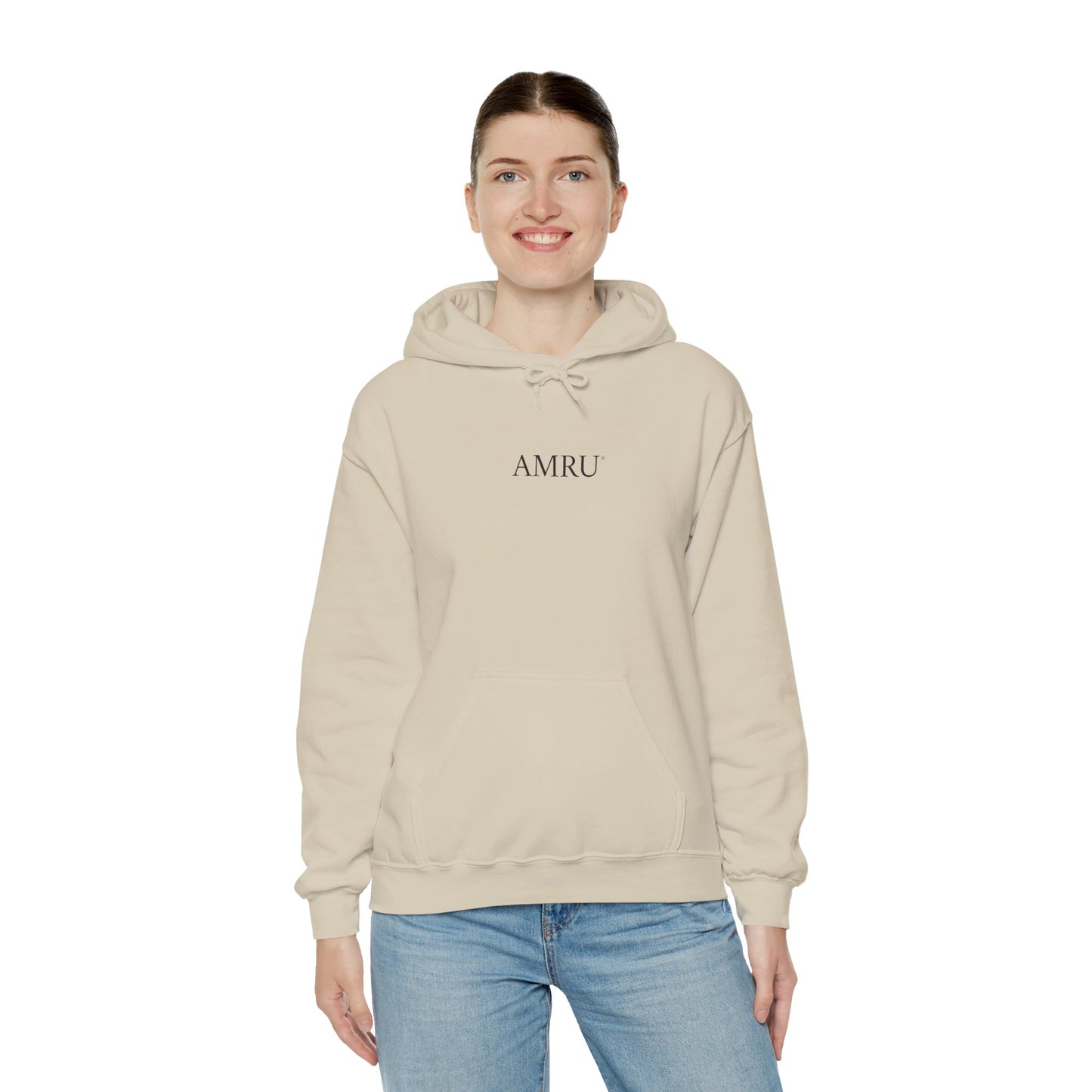 AMRU Minimal Front Logo Hoodie with Surreal Cityscape Back Graphic