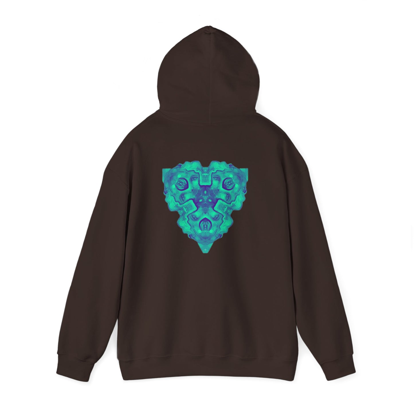 AMRU Minimal Logo Hoodie — Geometric Teal Mandala Back Graphic