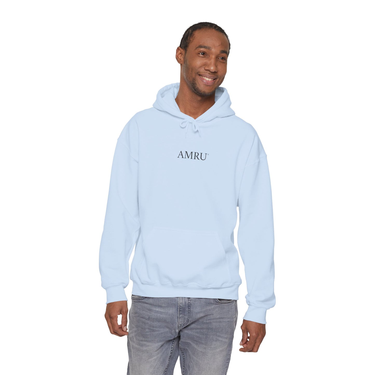 Hoodie — AMRU Minimal Front Logo & Colorful Abstract Back Art