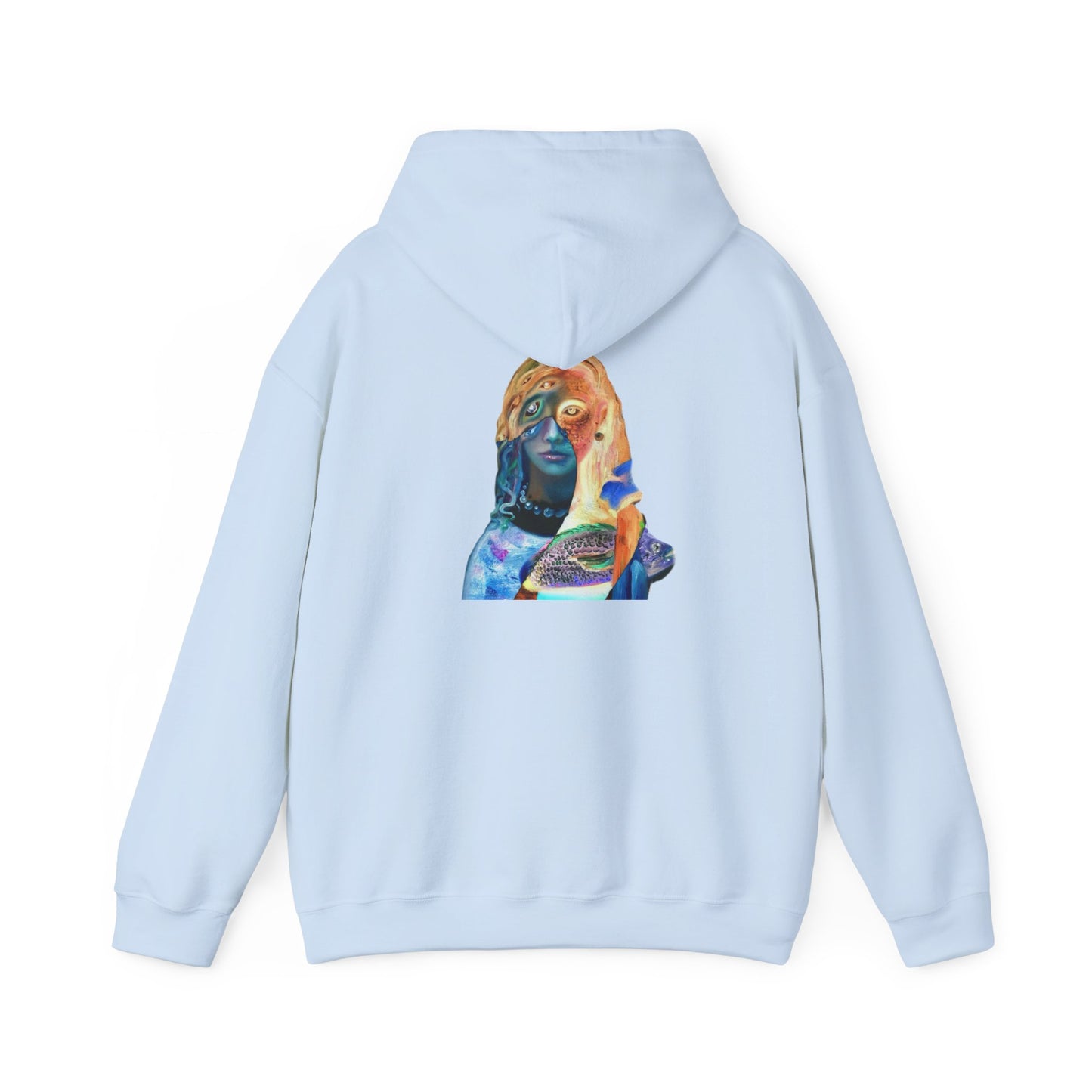 Surreal Portrait Hoodie — 'AMRU' Minimal Front, Colorful Cosmic Back Art