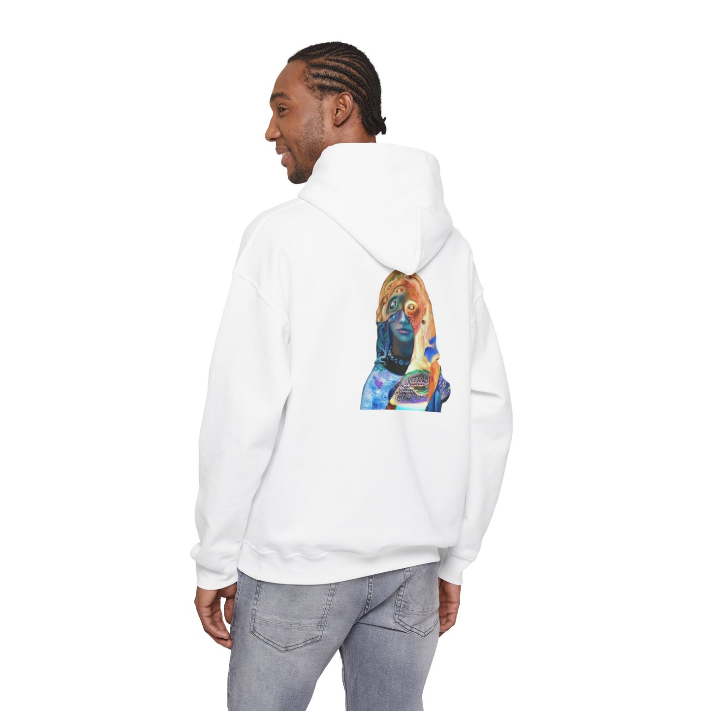 Surreal Portrait Hoodie — 'AMRU' Minimal Front, Colorful Cosmic Back Art