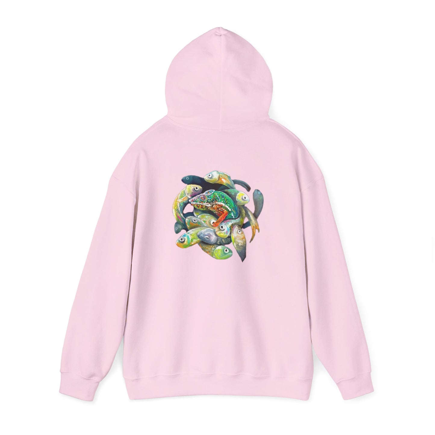 Fish Ring Hoodie – AMRU Minimal Front Logo Pullover with Colorful Koi Back Art
