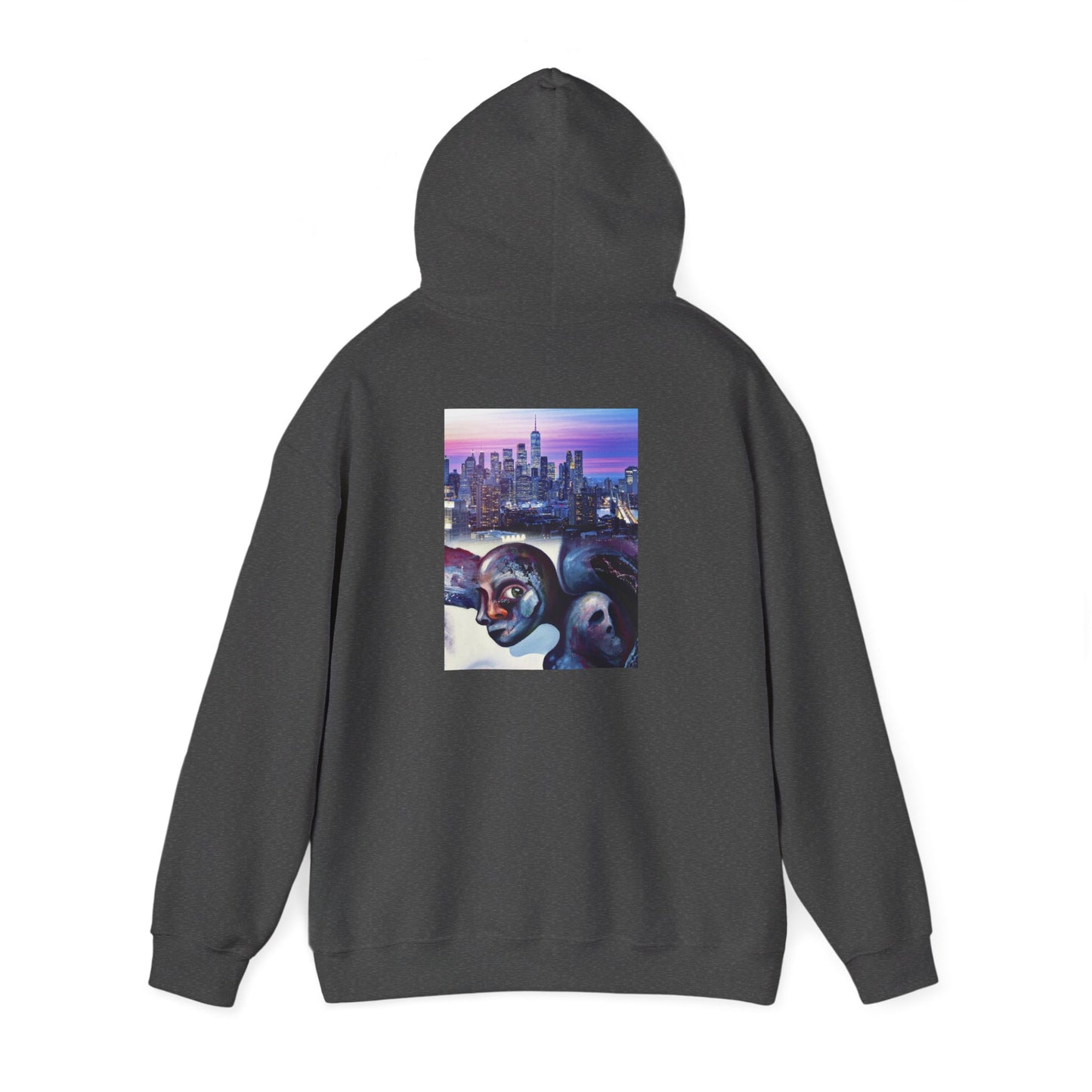 AMRU Minimal Front Logo Hoodie with Surreal Cityscape Back Graphic