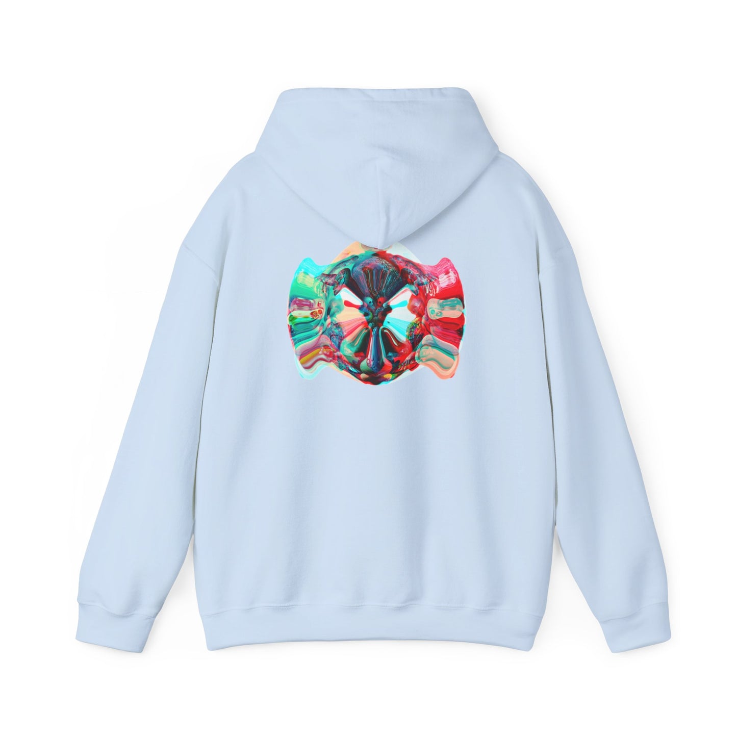 Hoodie — AMRU Minimal Front Logo & Colorful Abstract Back Art