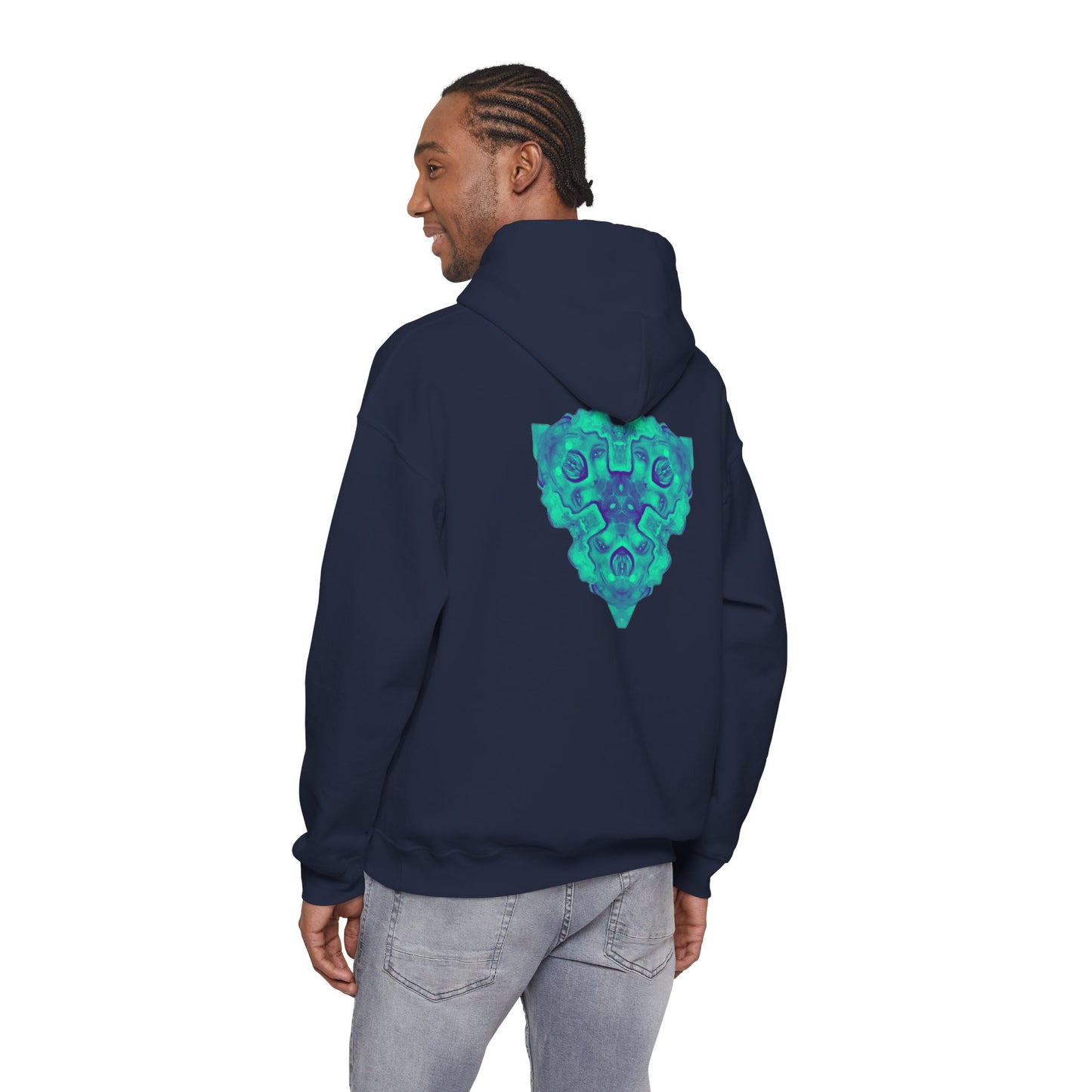 AMRU Minimal Logo Hoodie — Geometric Teal Mandala Back Graphic