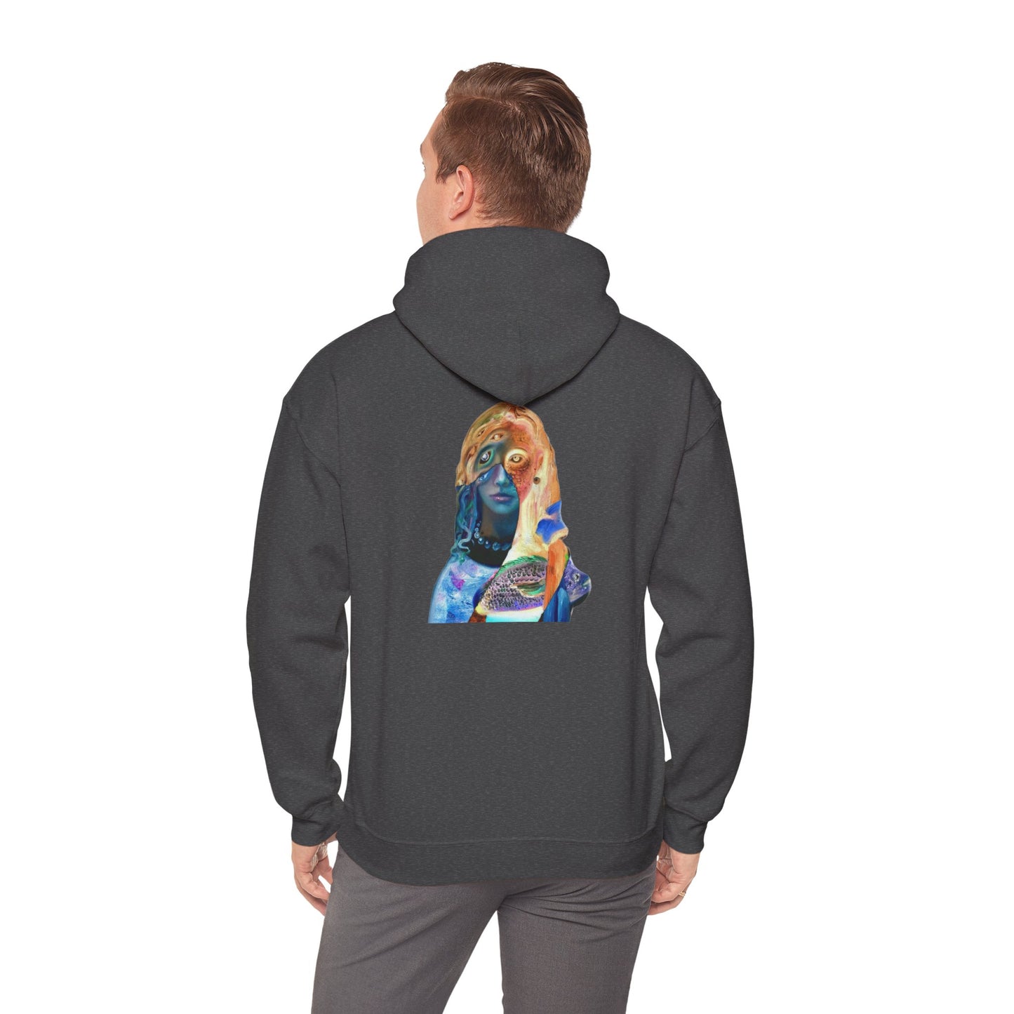 Surreal Portrait Hoodie — 'AMRU' Minimal Front, Colorful Cosmic Back Art