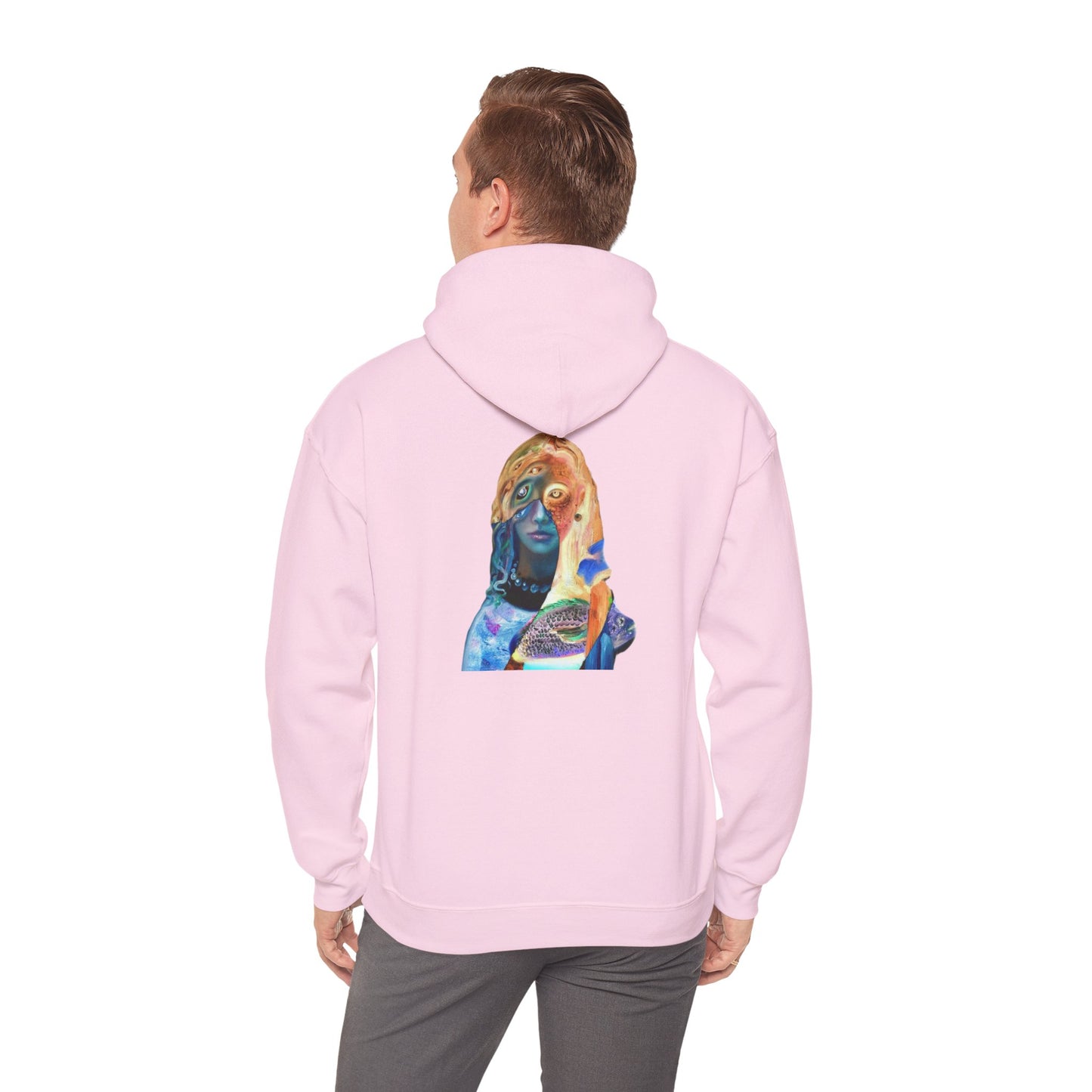 Surreal Portrait Hoodie — 'AMRU' Minimal Front, Colorful Cosmic Back Art