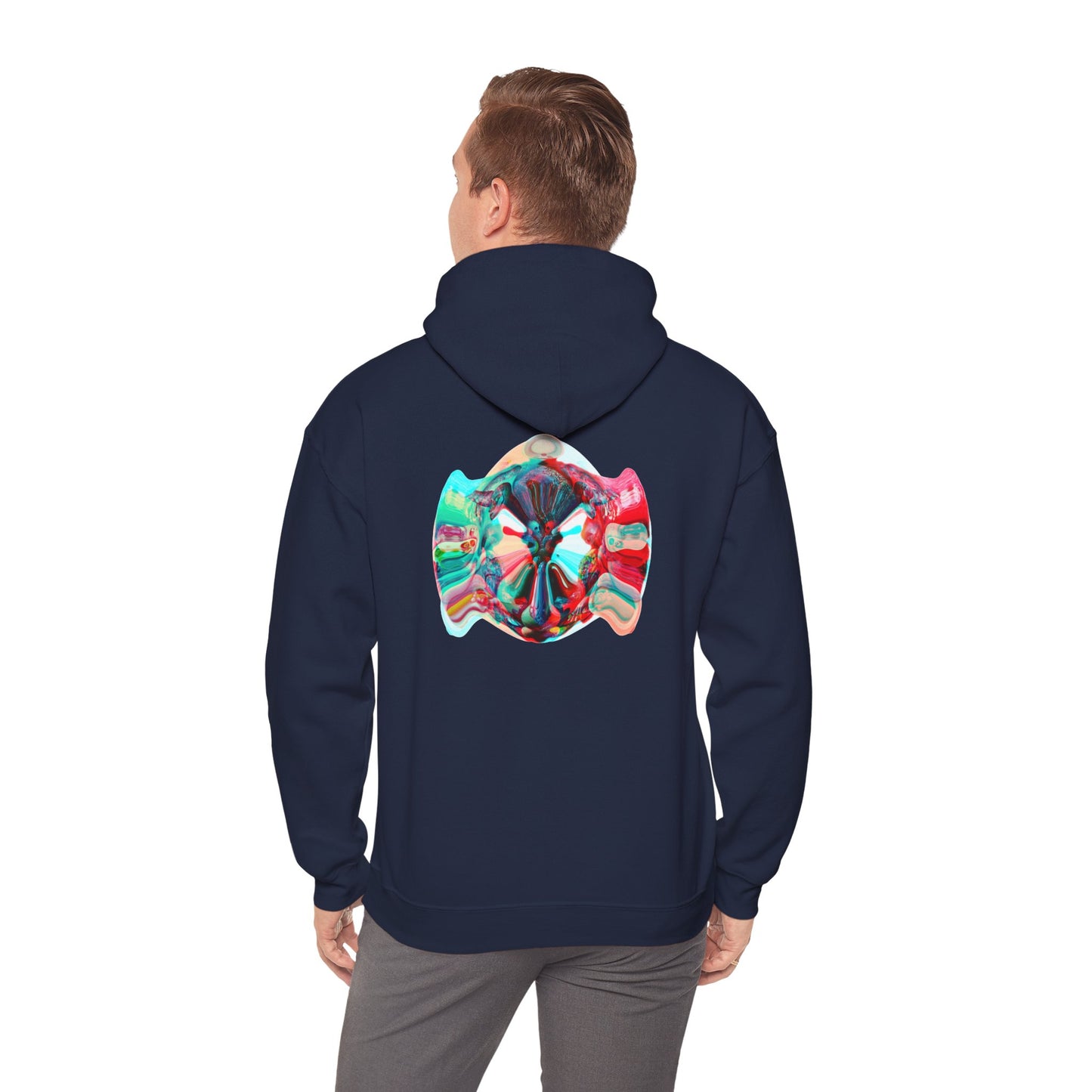 Hoodie — AMRU Minimal Front Logo & Colorful Abstract Back Art